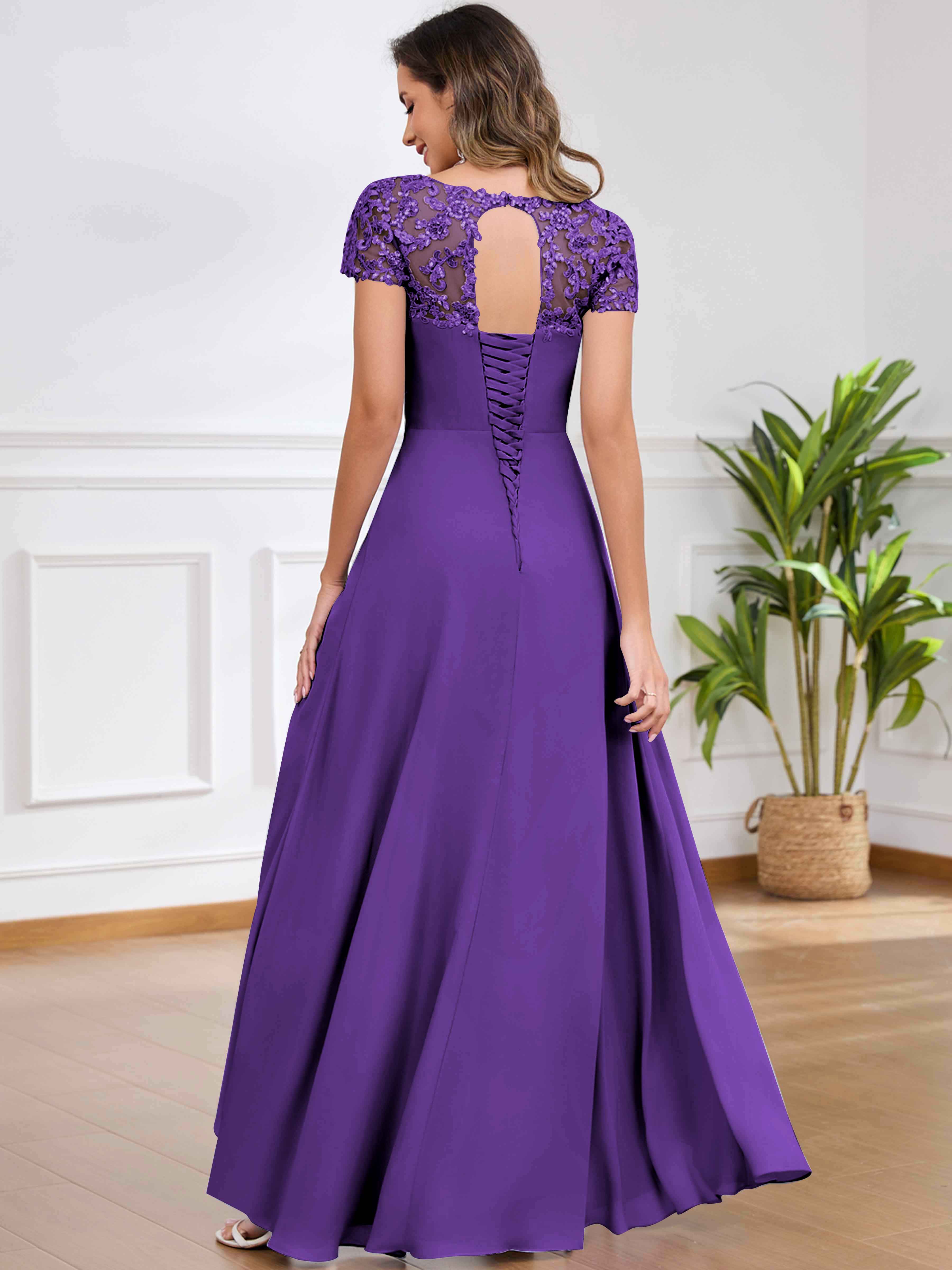 ROVDESY A-Line Pleated Lace Sequin Ruffle Chiffon Mother Of The Bride Dress With Slit