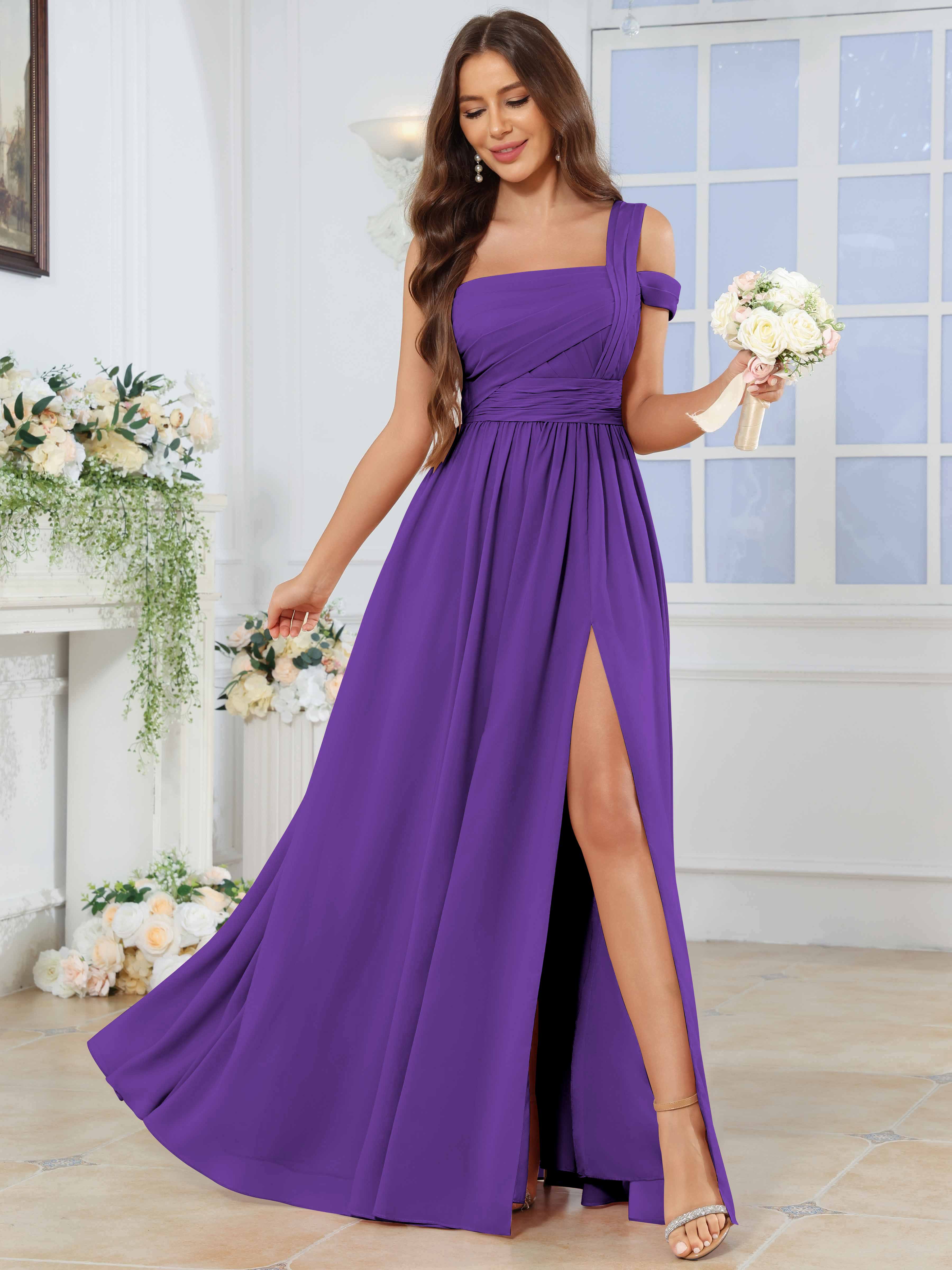 ROVDESY One Shoulder Pleated Chiffon Bridesmaid Dress With Slit
