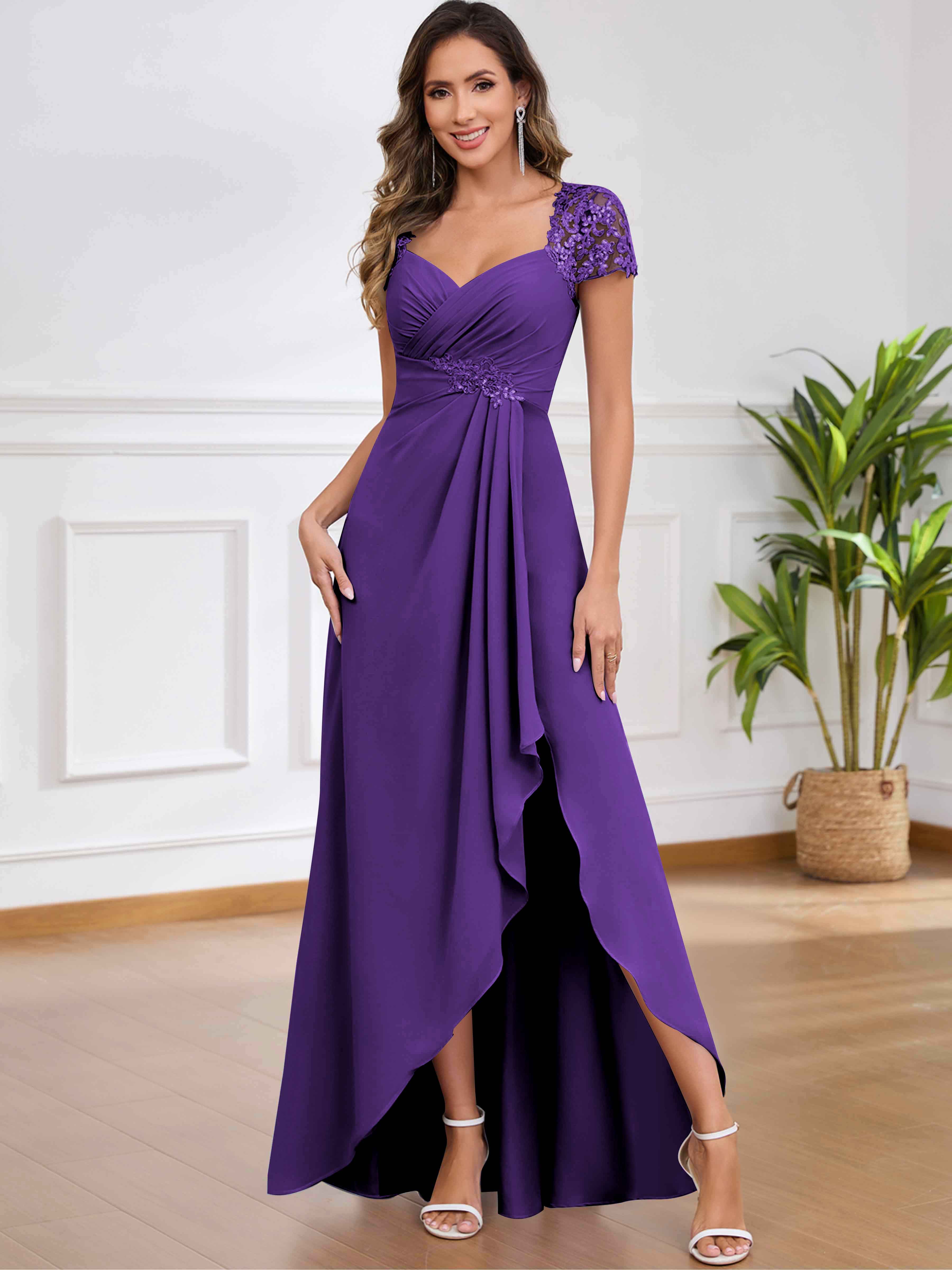 ROVDESY A-Line Pleated Lace Sequin Ruffle Chiffon Mother Of The Bride Dress With Slit
