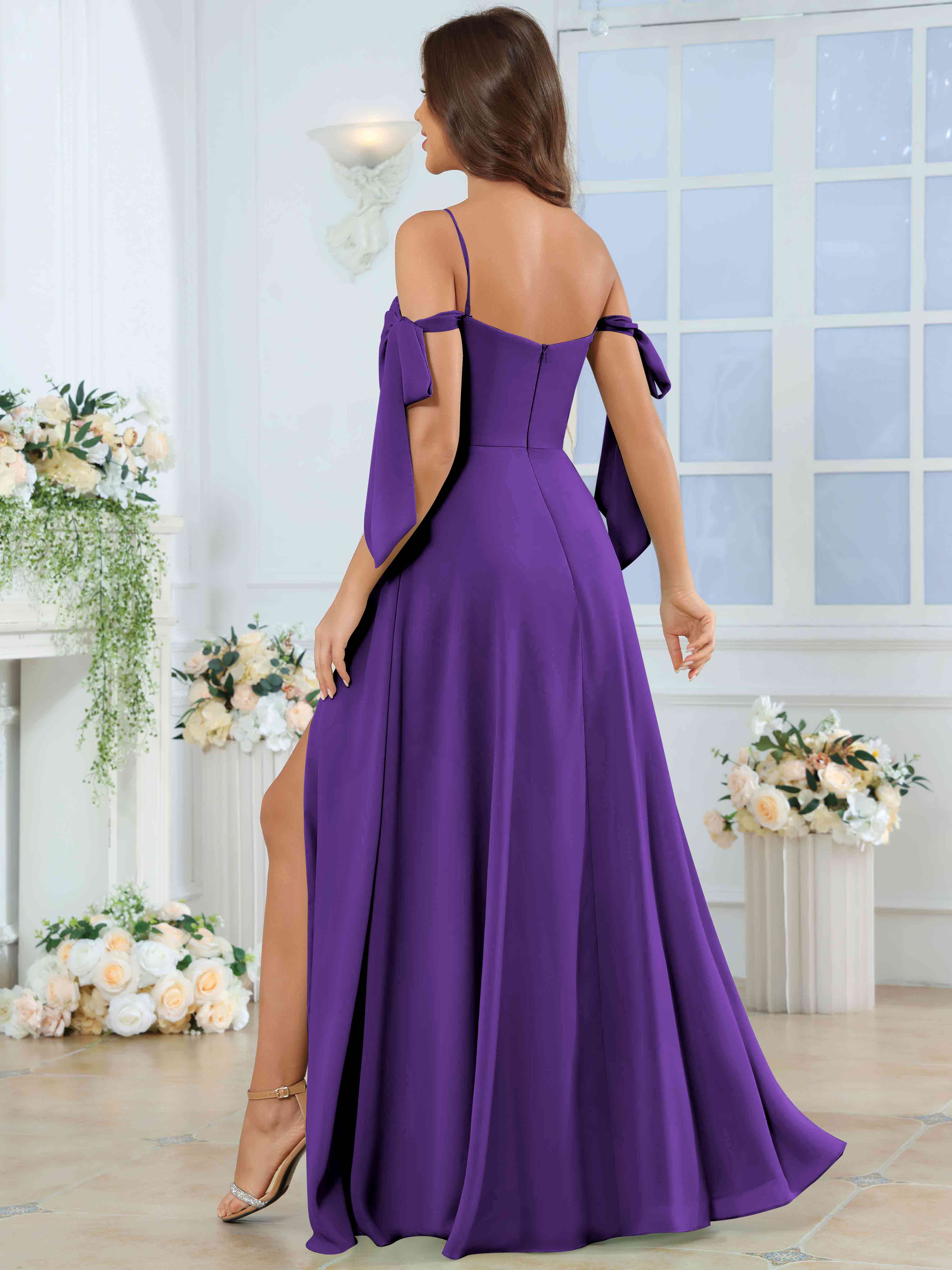 ROVDESY Spaghetti Strap Pleated Ruffle Slit Chiffon Bridesmaid Dress With Bow Sleeves