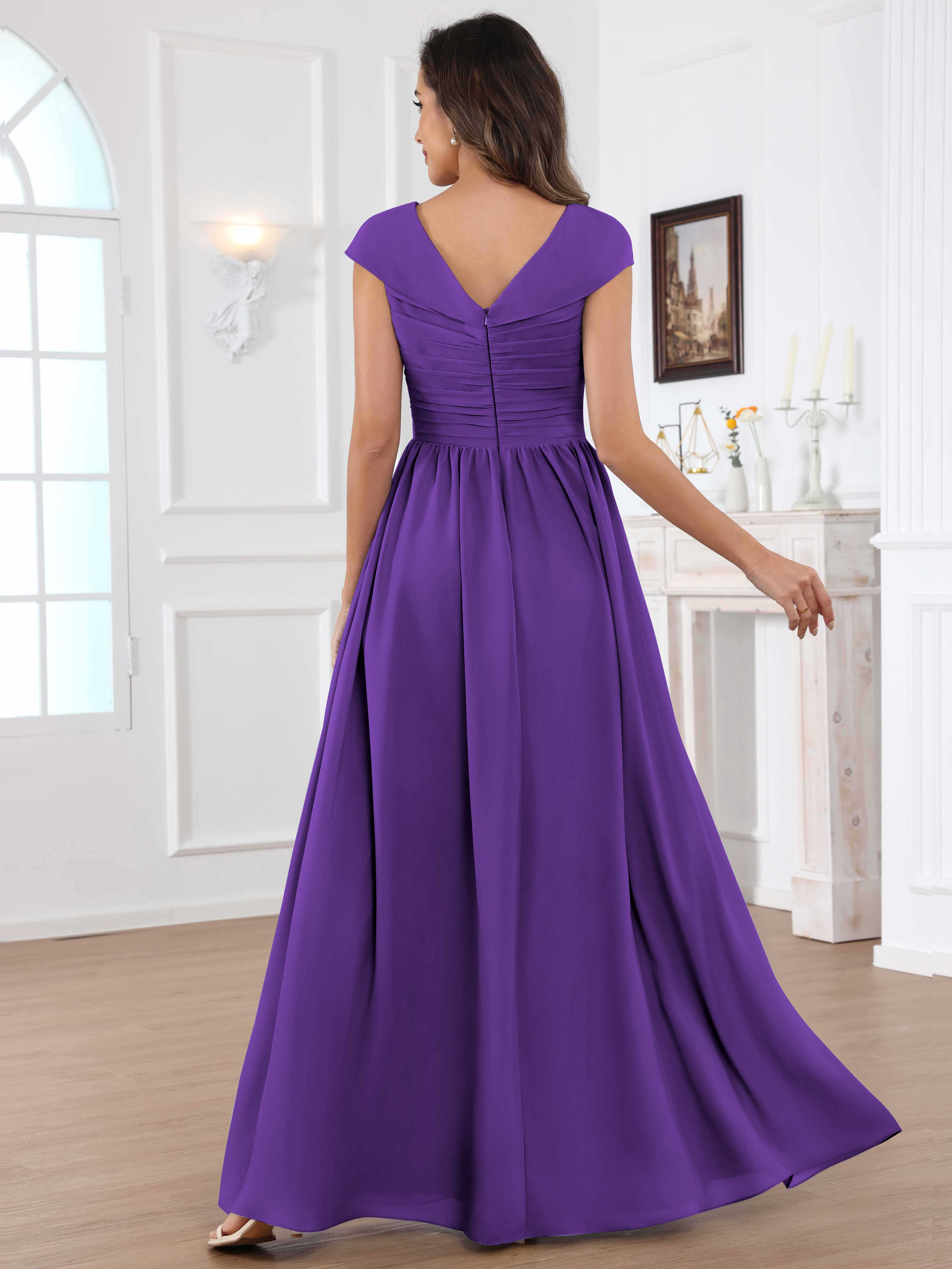 ROVDESY A-Line Cap Sleeves Pleated Chiffon Mother Of The Bride Dress