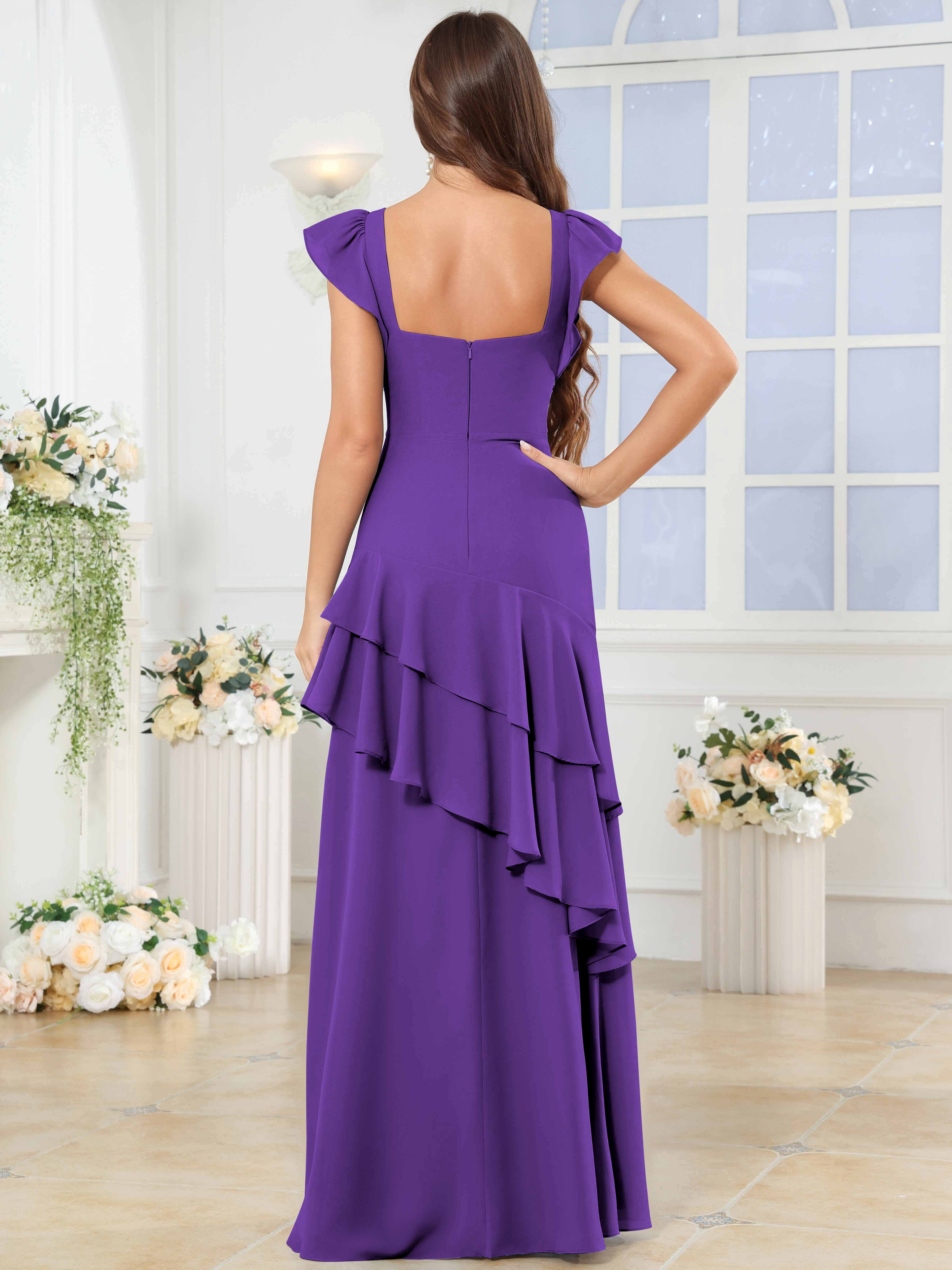 ROVDESY Sweetheart Tiered Ruffle Chiffon Bridesmaid Dress With Short Sleeves