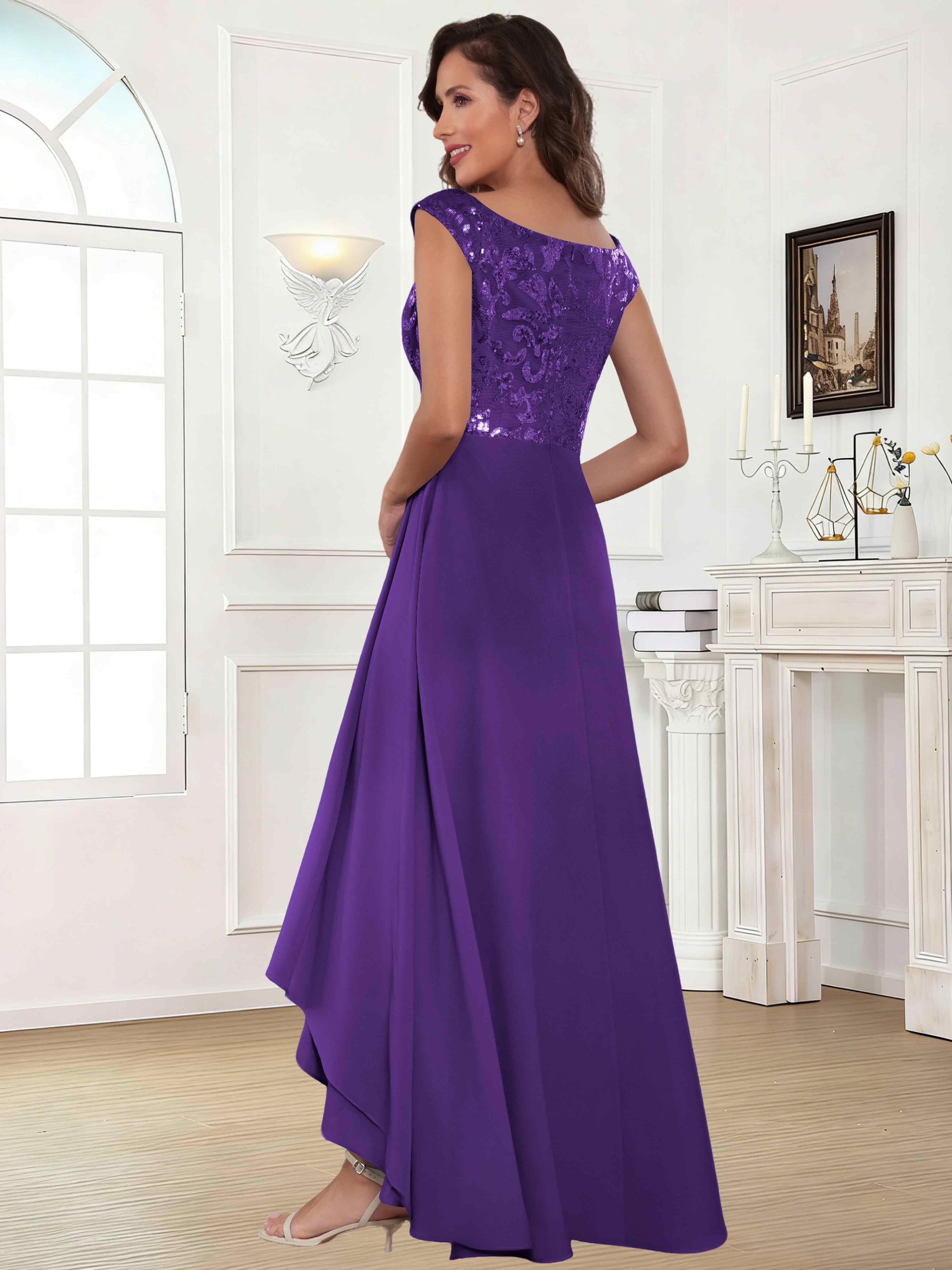 ROVDESY Tea Length Off-The-Shoulder Sequin Chiffon Mother Of The Bride Dress