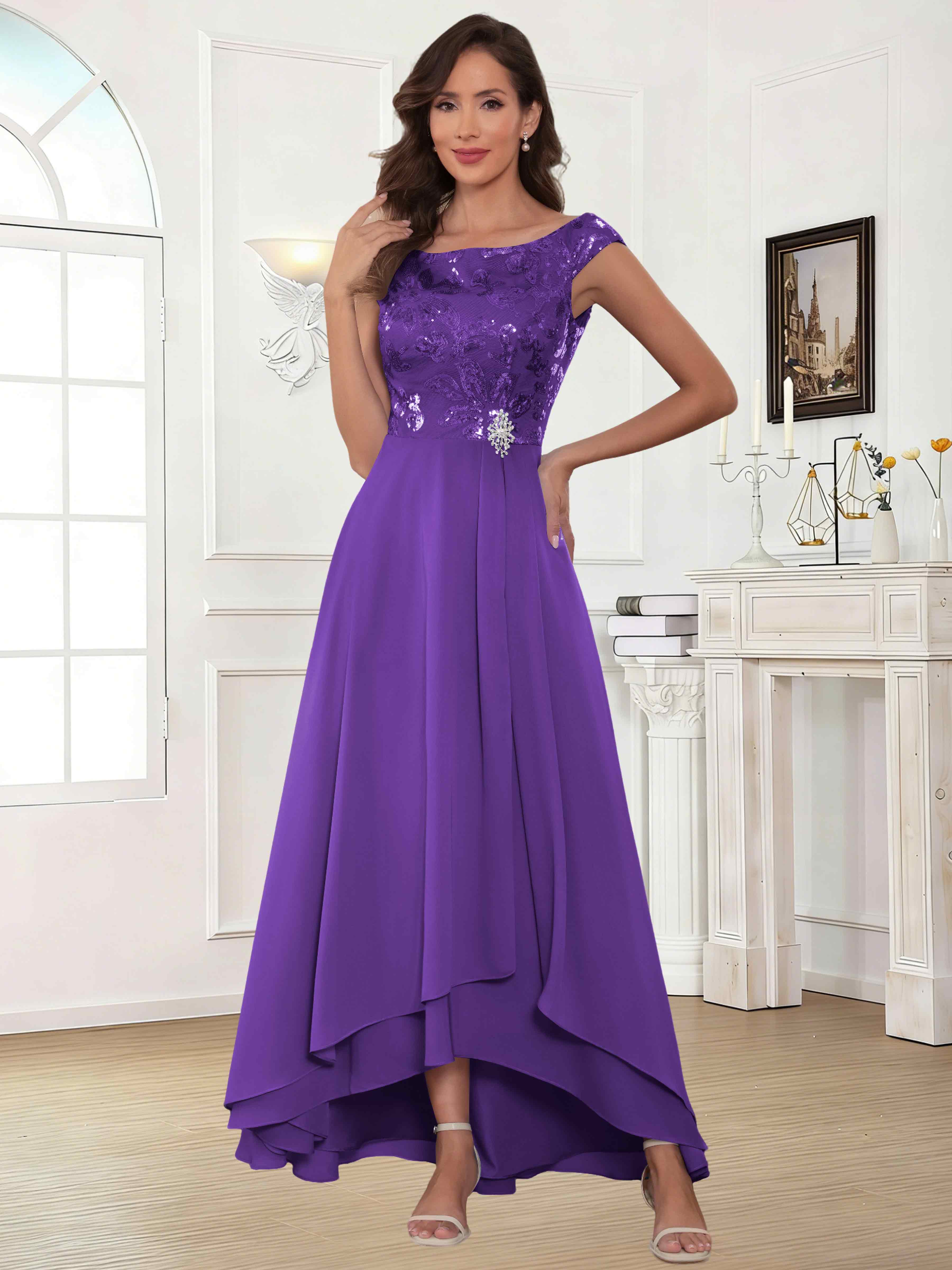 ROVDESY Tea Length Off-The-Shoulder Sequin Chiffon Mother Of The Bride Dress