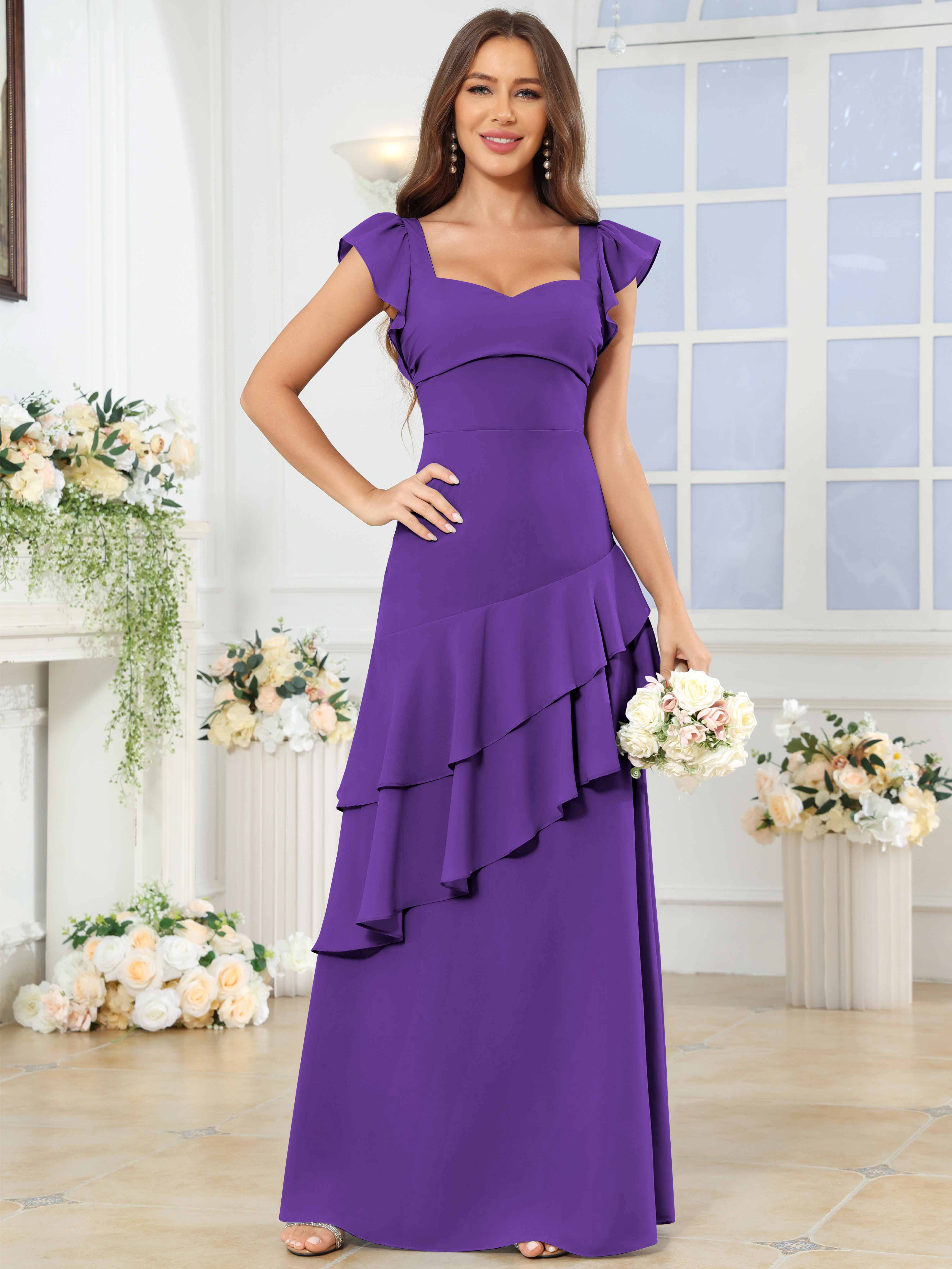 ROVDESY Sweetheart Tiered Ruffle Chiffon Bridesmaid Dress With Short Sleeves