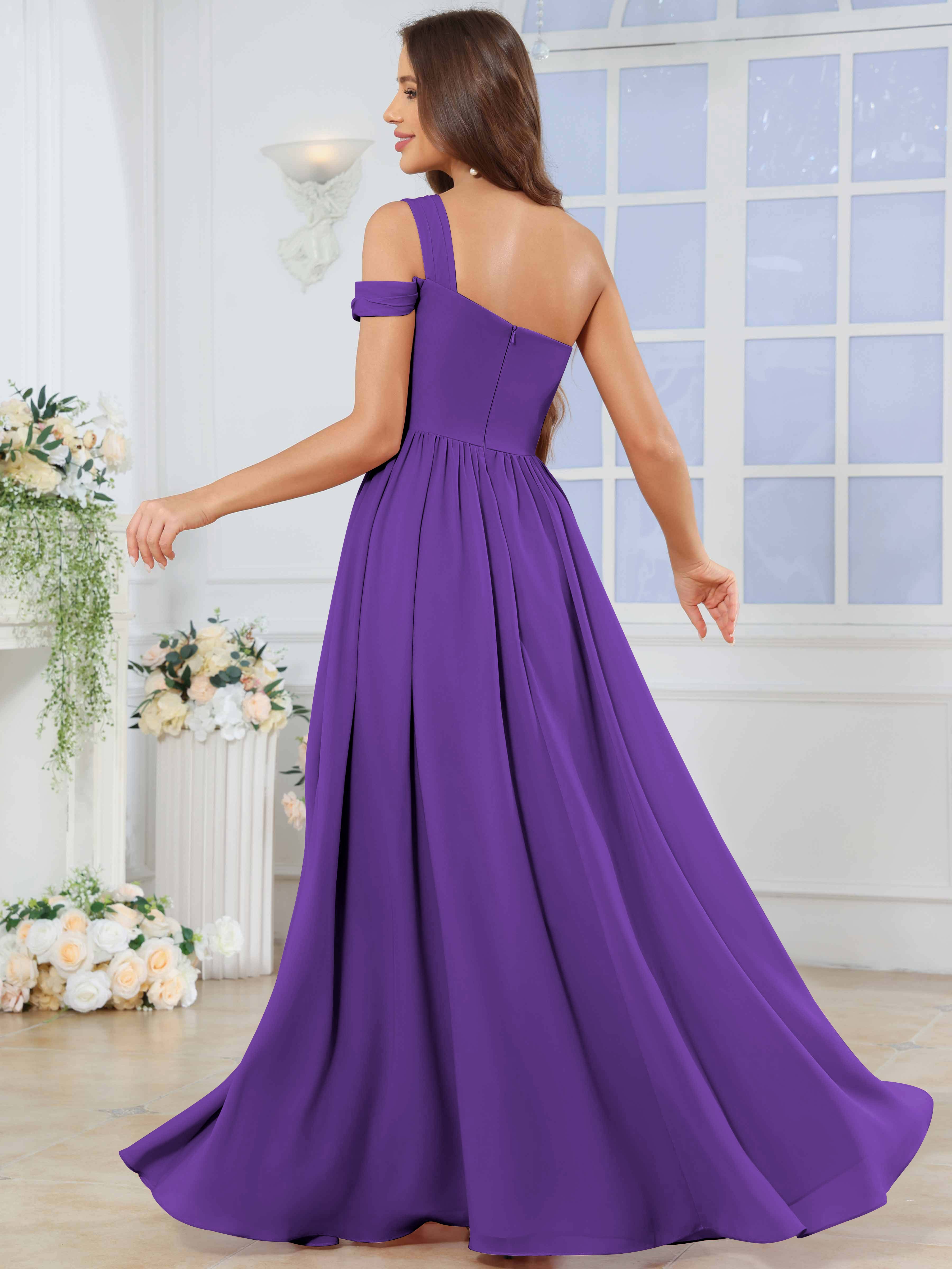 ROVDESY One Shoulder Pleated Chiffon Bridesmaid Dress With Slit