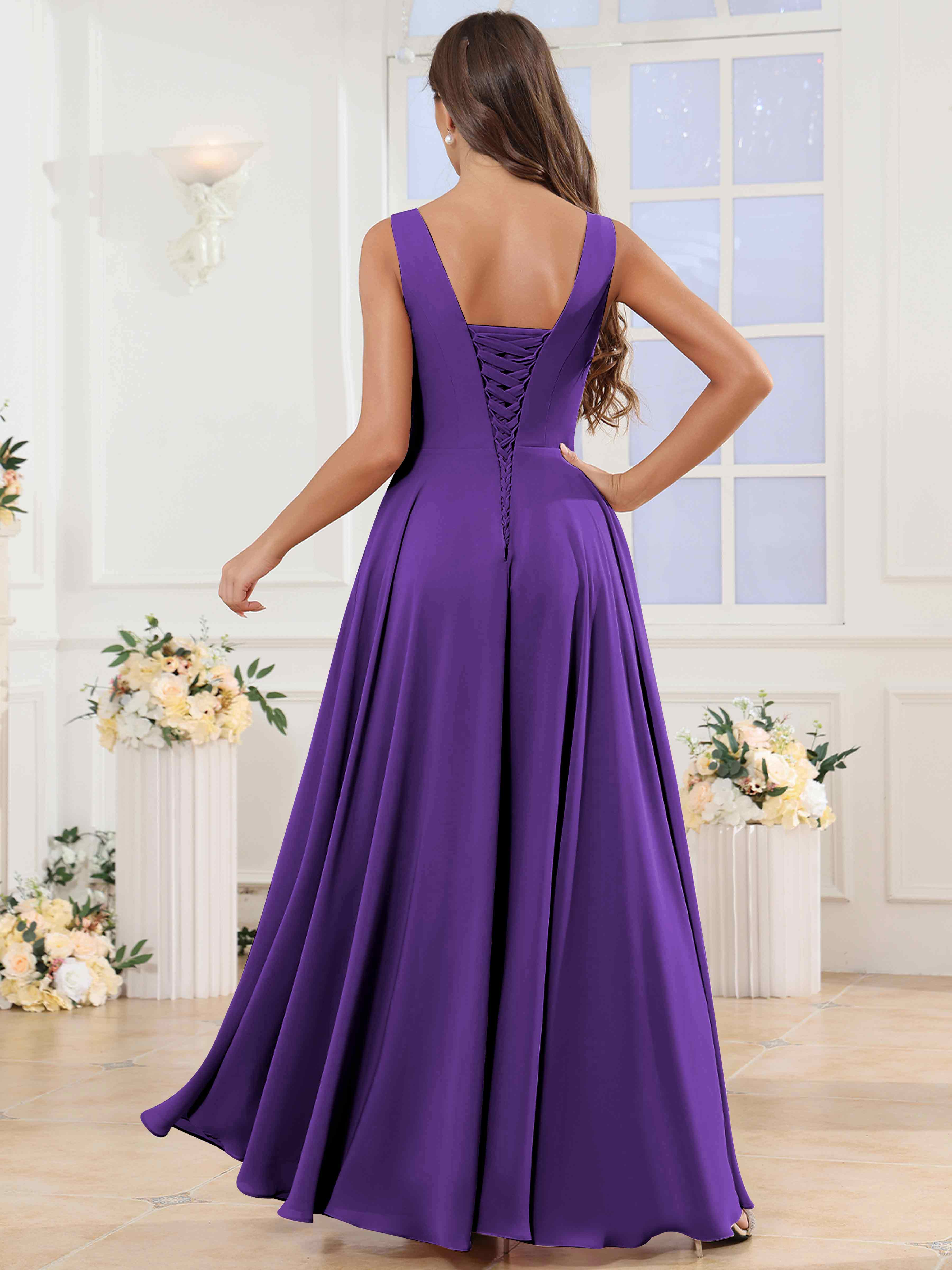 ROVDESY V-Neck Pleated Sleeveless Ruffle Chiffon Bridesmaid Dress With Slit