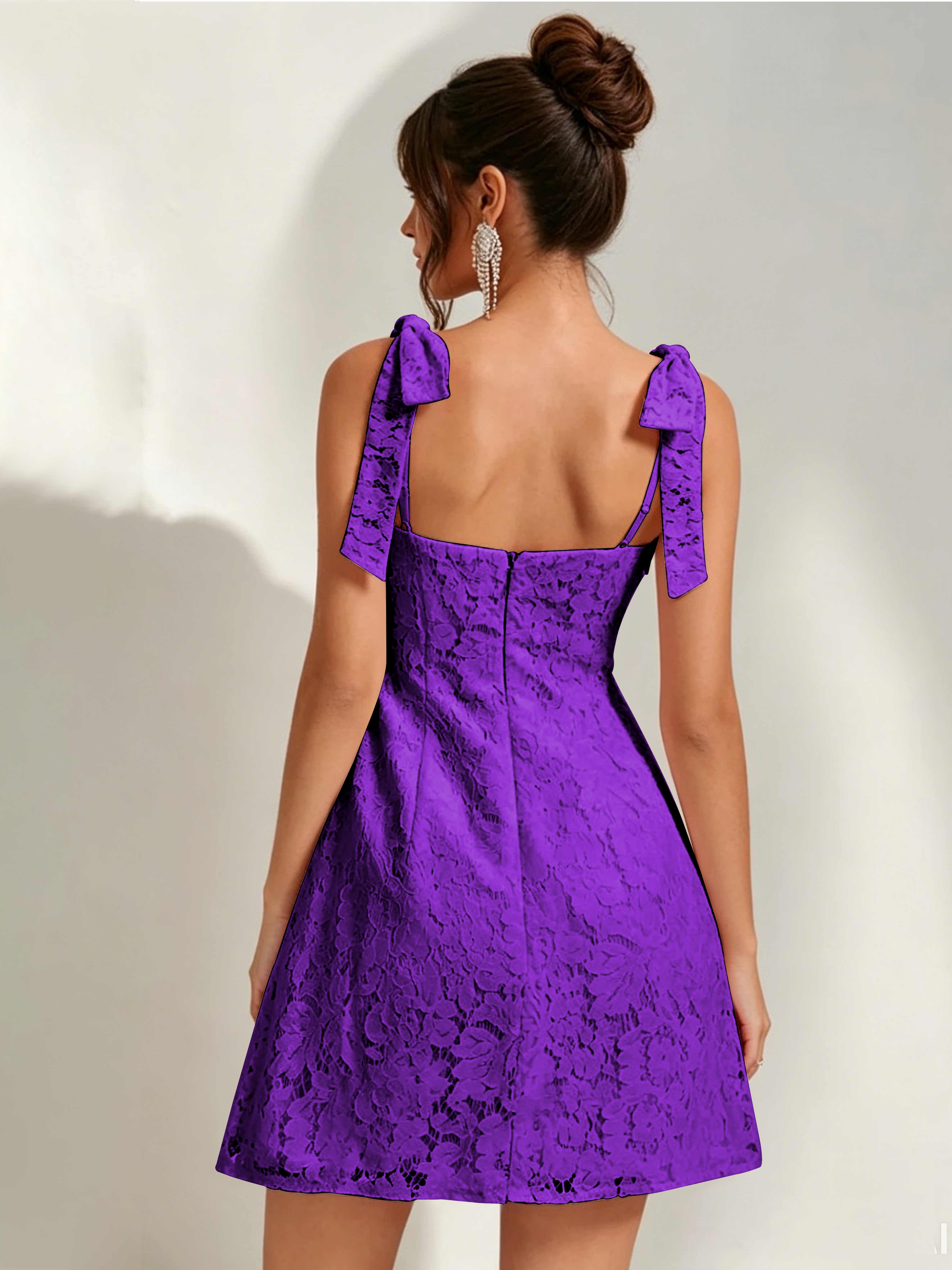 ROVDESY Bow Tie Spaghetti Strap A-Line  Floral Lace Mini Dress