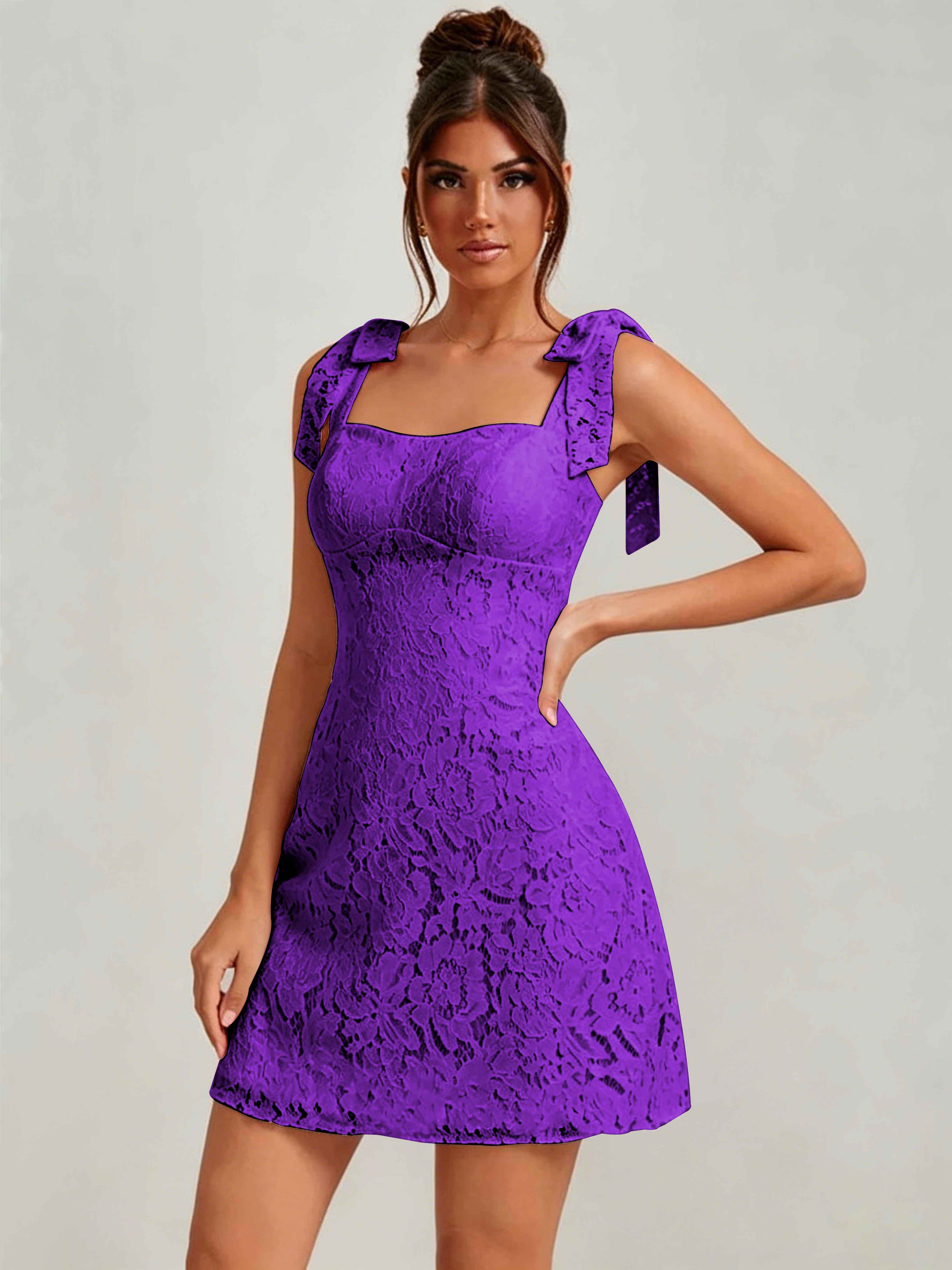 ROVDESY Bow Tie Spaghetti Strap A-Line  Floral Lace Mini Dress