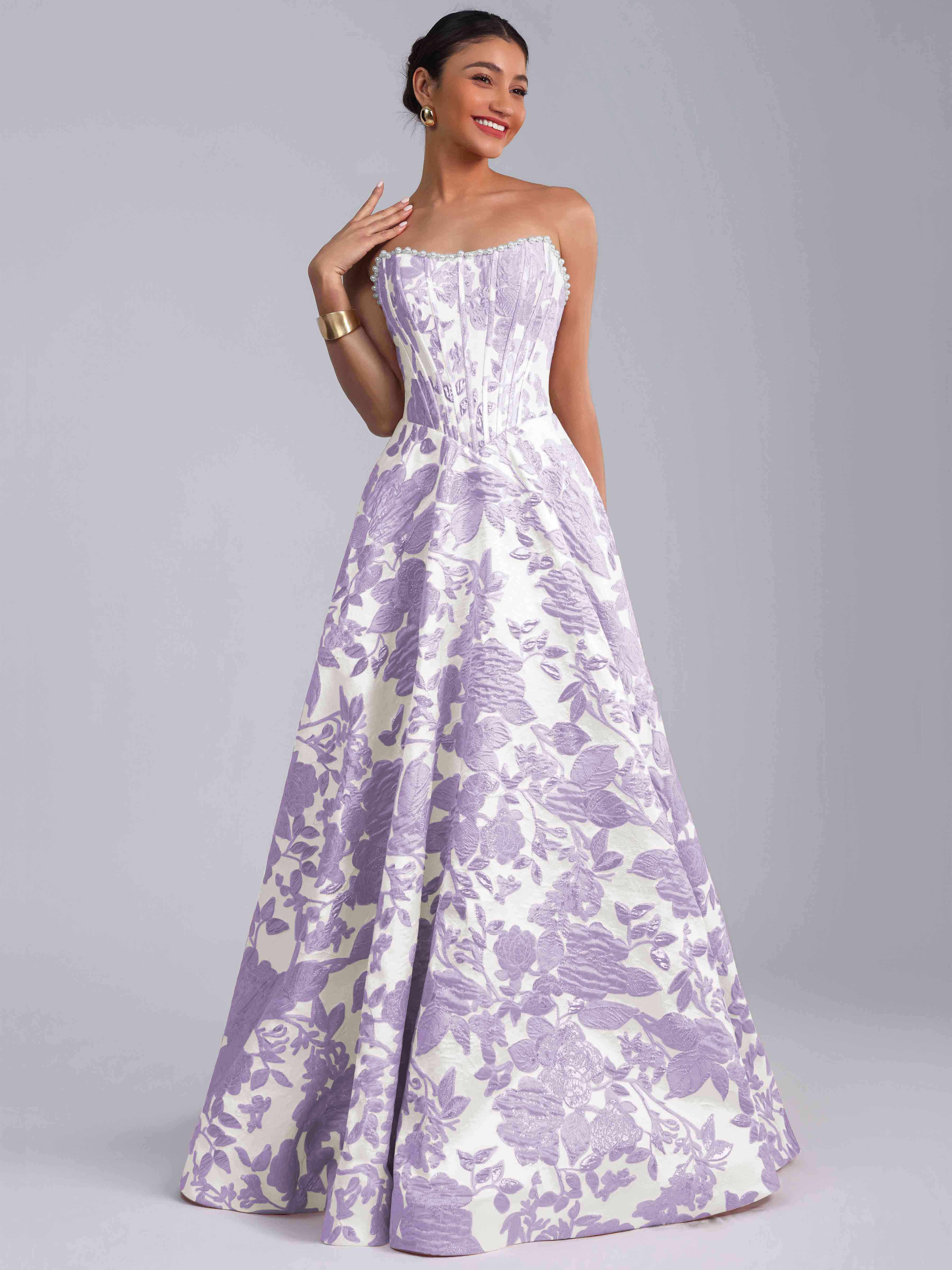 ROVDESY A-Line Strapless Jacquard Satin Prom Dress Long Ball Gown