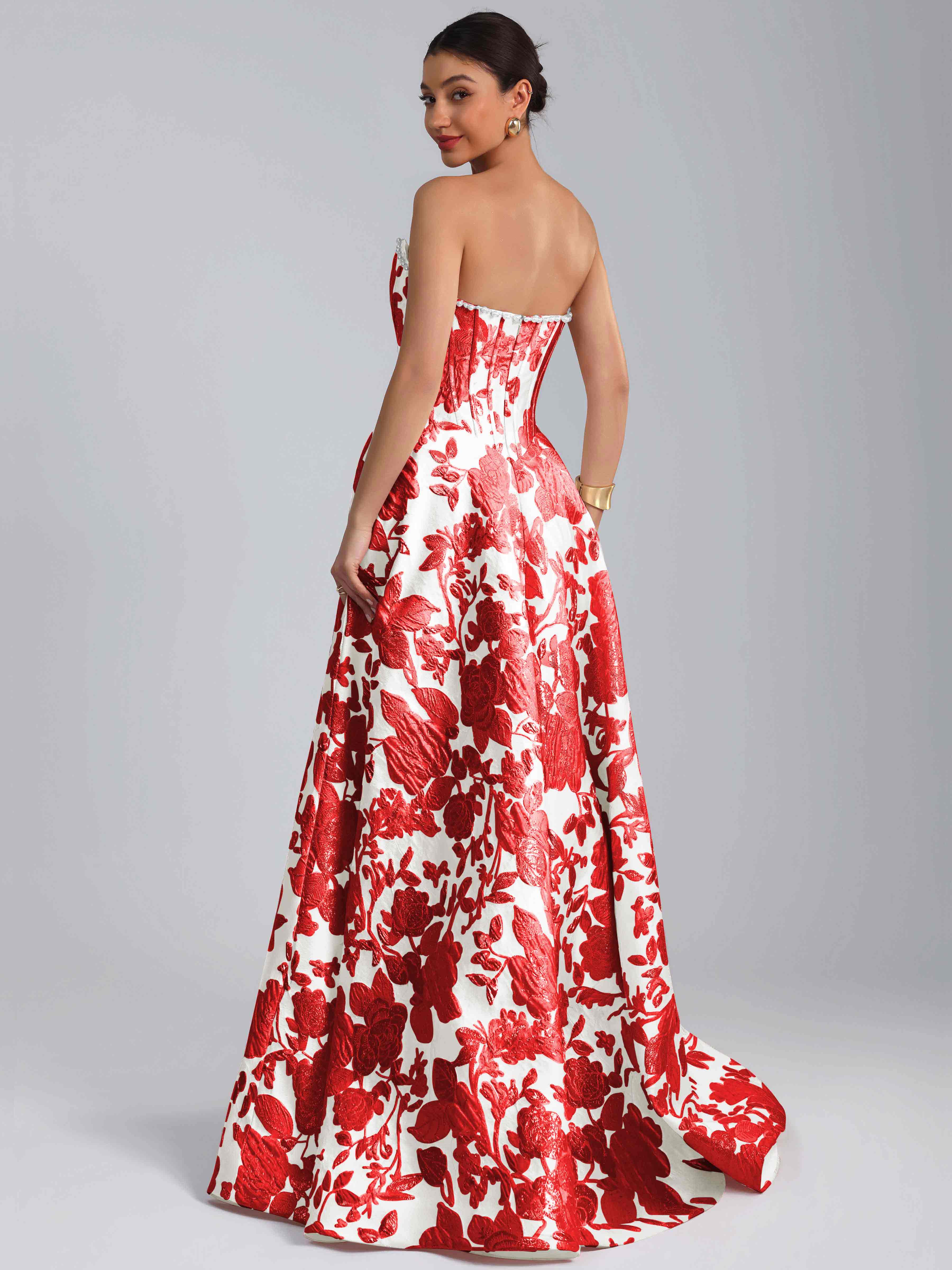 ROVDESY A-Line Strapless Jacquard Satin Prom Dress Long Ball Gown