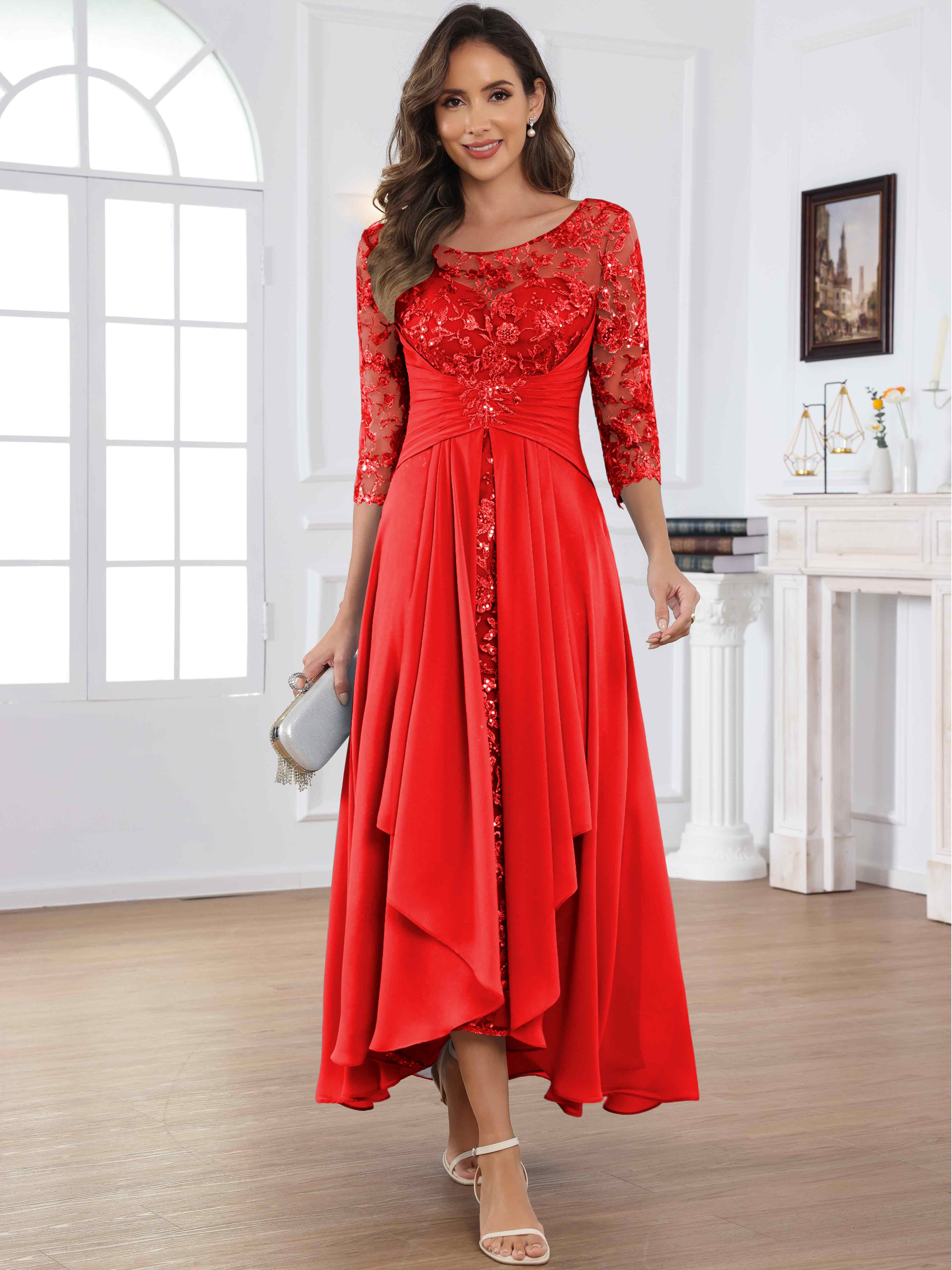 ROVDESY Tea Length Lace Chiffon Mother of The Bride Dress with 3/4 Sleeves