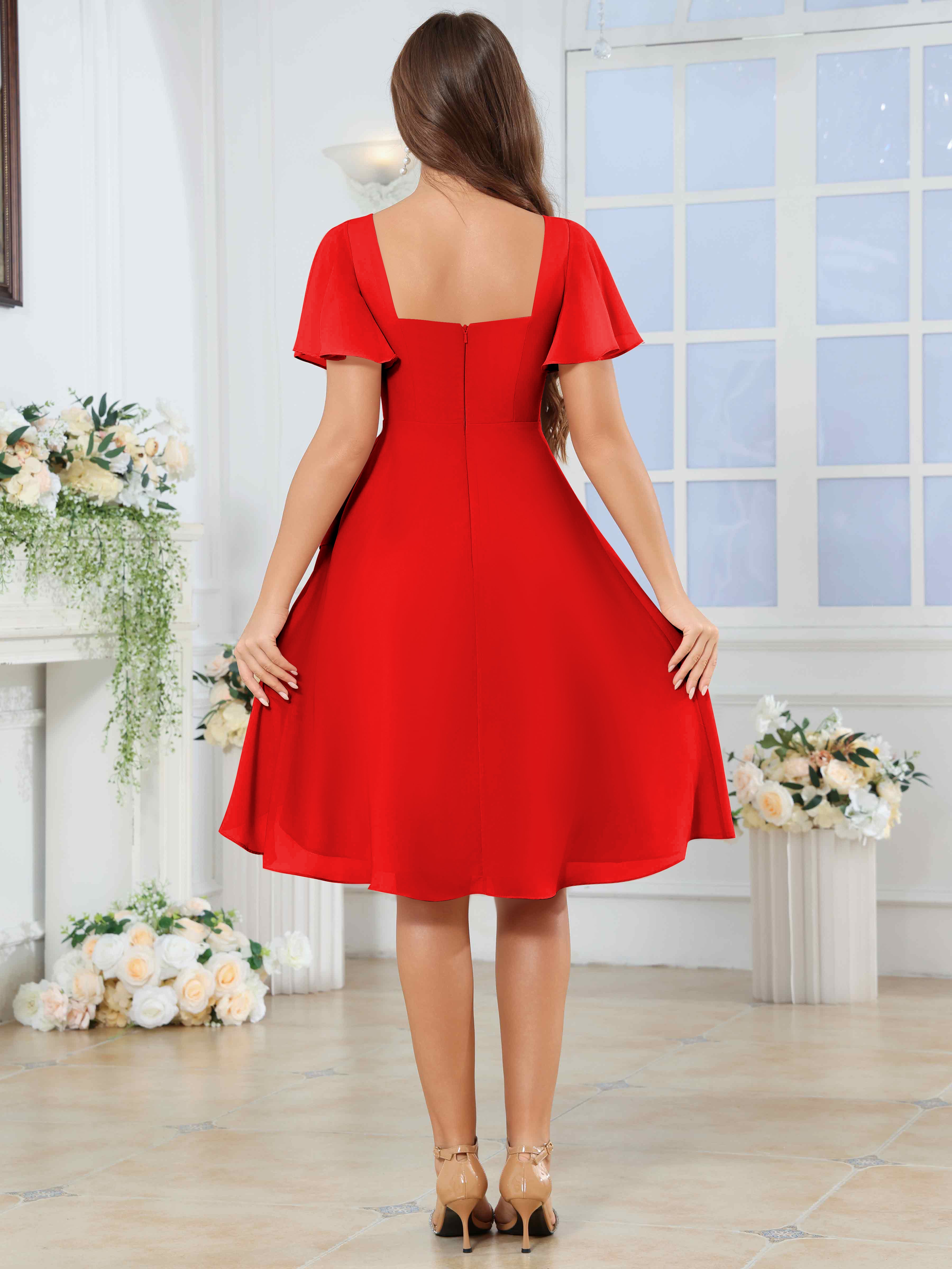 ROVDESY Knee Length V-Neck Pleated Chiffon Bridesmaid Dress With Short Sleeves