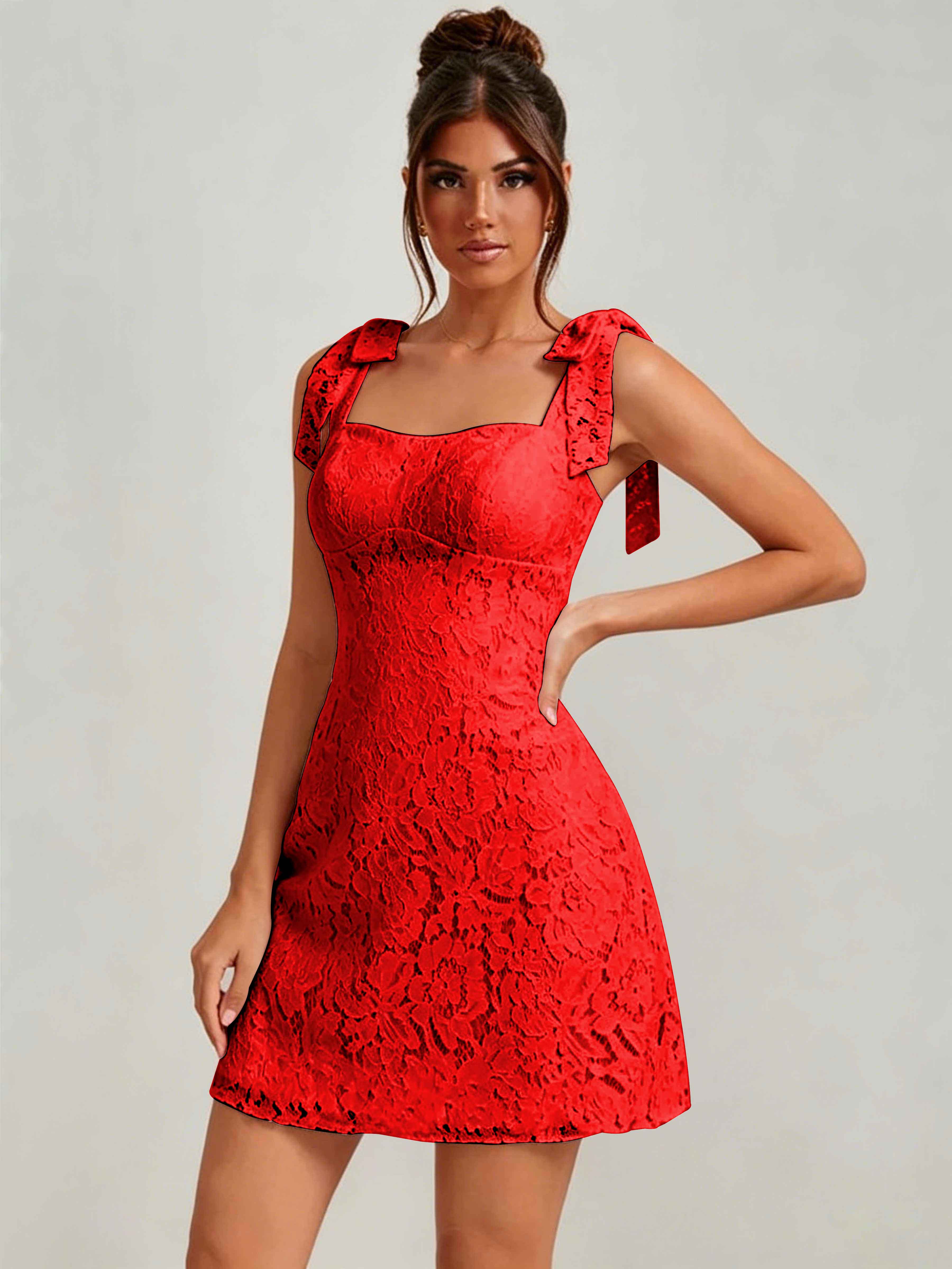 ROVDESY Bow Tie Spaghetti Strap A-Line  Floral Lace Mini Dress