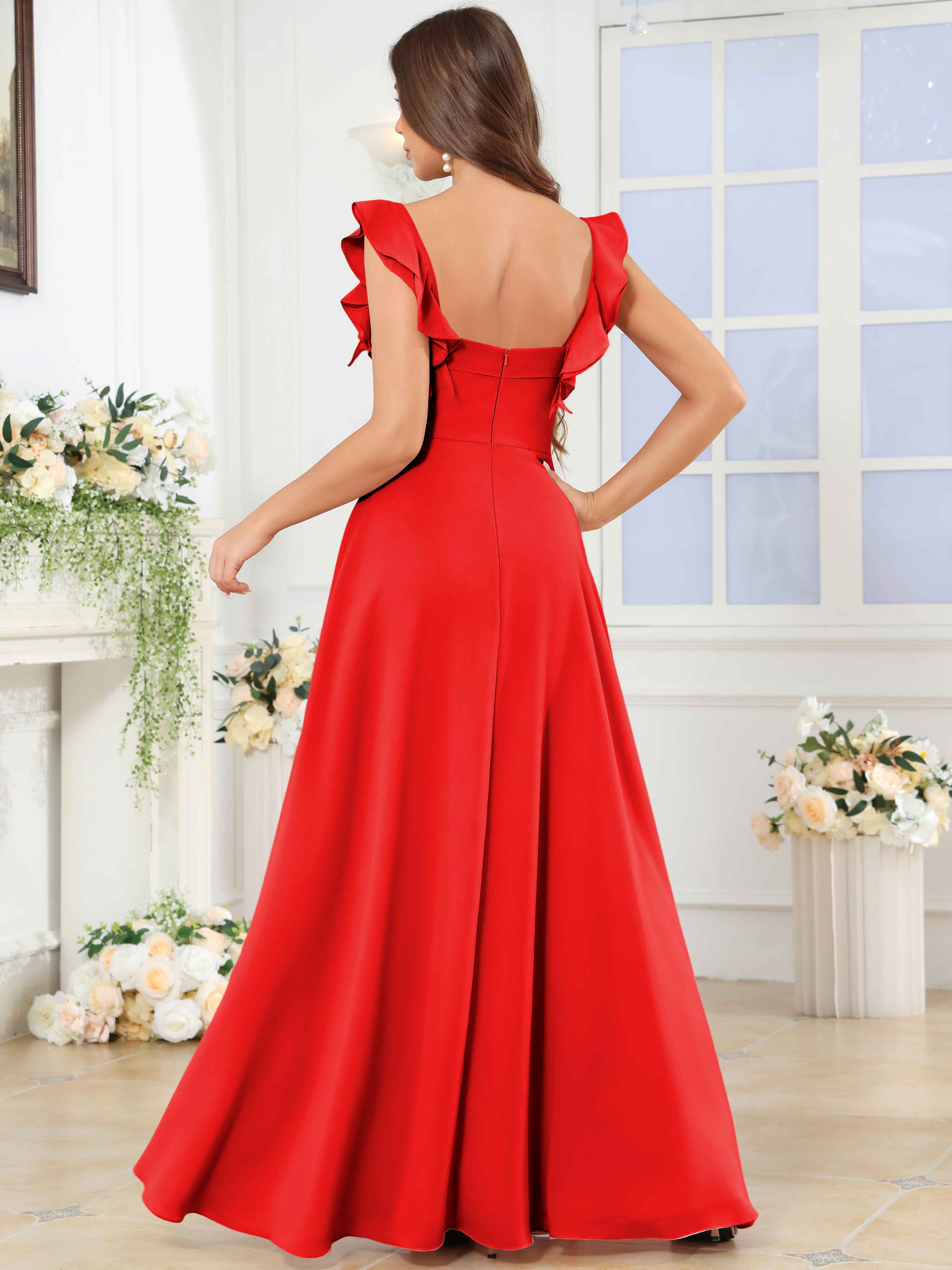 ROVDESY Square Neck Ruffle Chffion Bridesmaid Dress With Slit