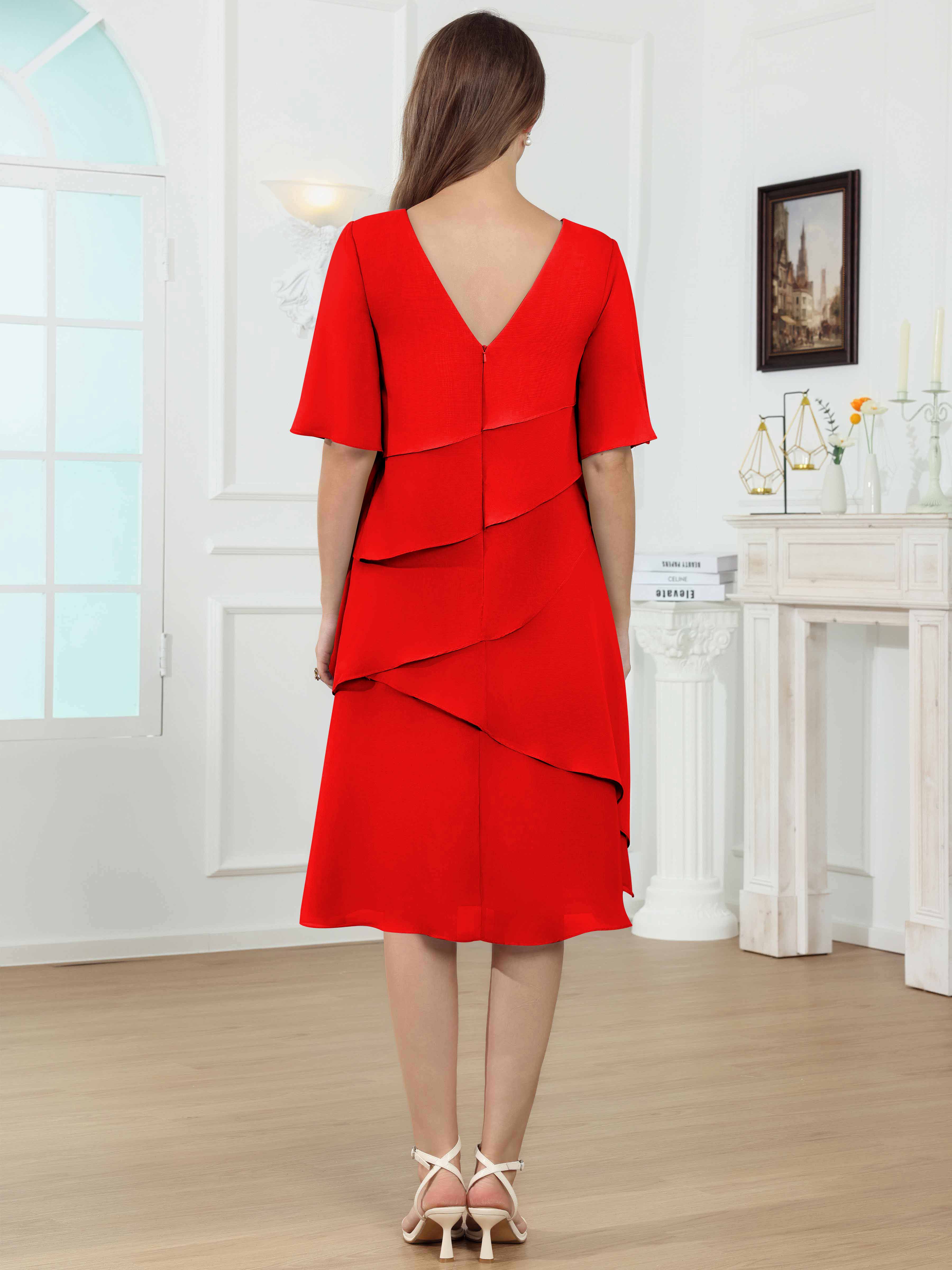 ROVDESY Knee Length Tiered Ruffle Chiffon Mother Of The Bride Dress With Half Sleeves