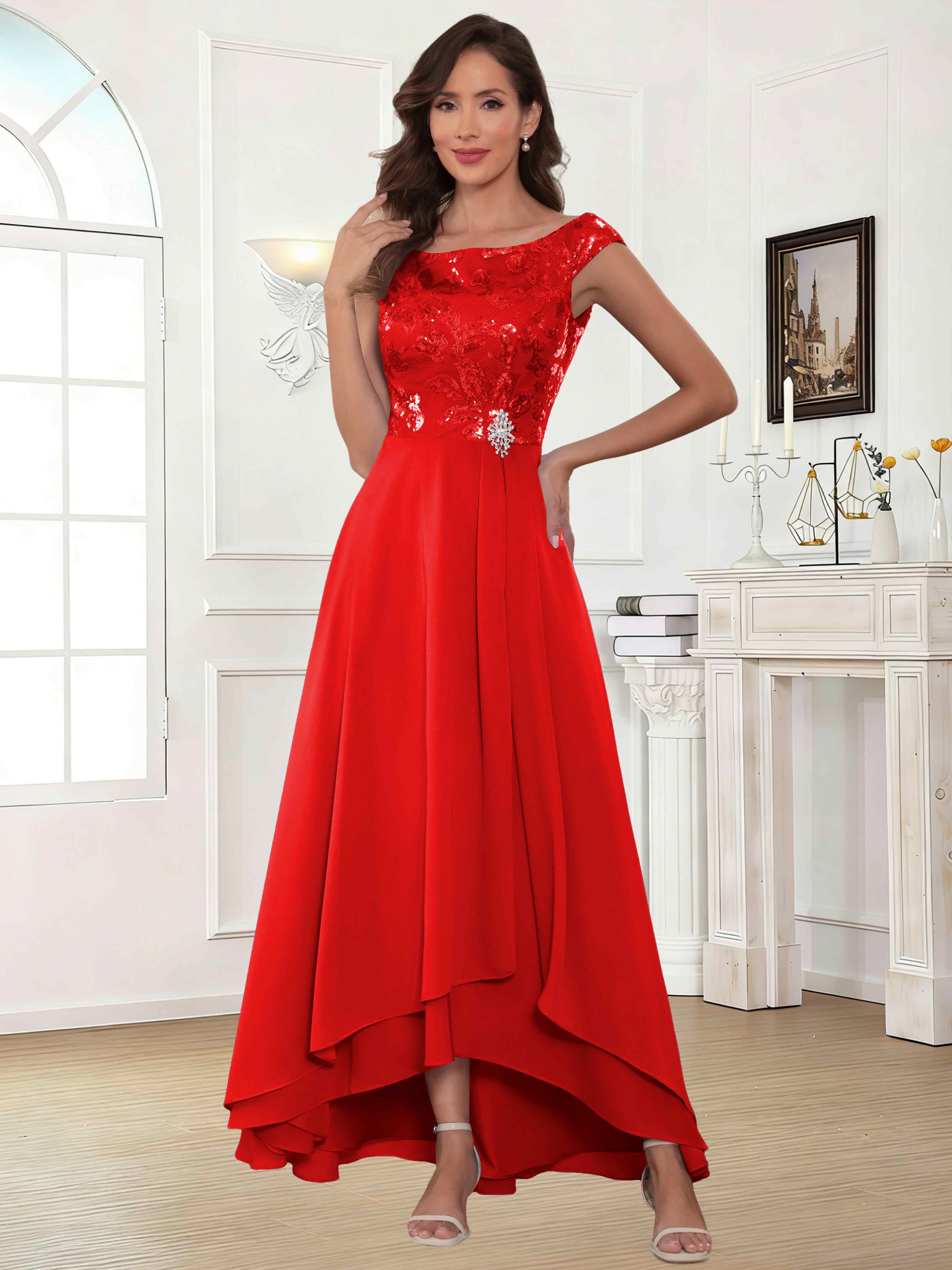 ROVDESY Tea Length Off-The-Shoulder Sequin Chiffon Mother Of The Bride Dress