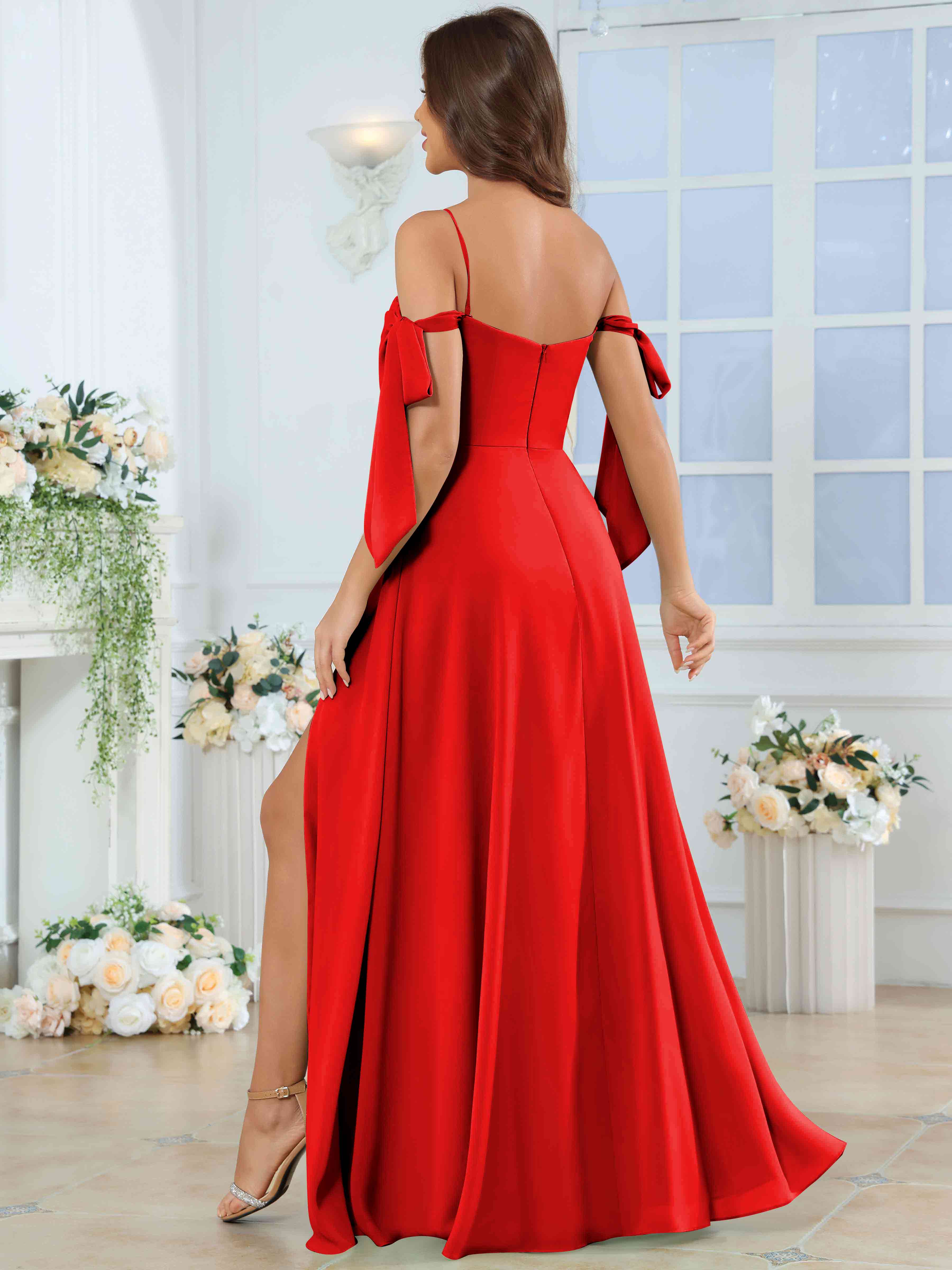 ROVDESY Spaghetti Strap Pleated Ruffle Slit Chiffon Bridesmaid Dress With Bow Sleeves