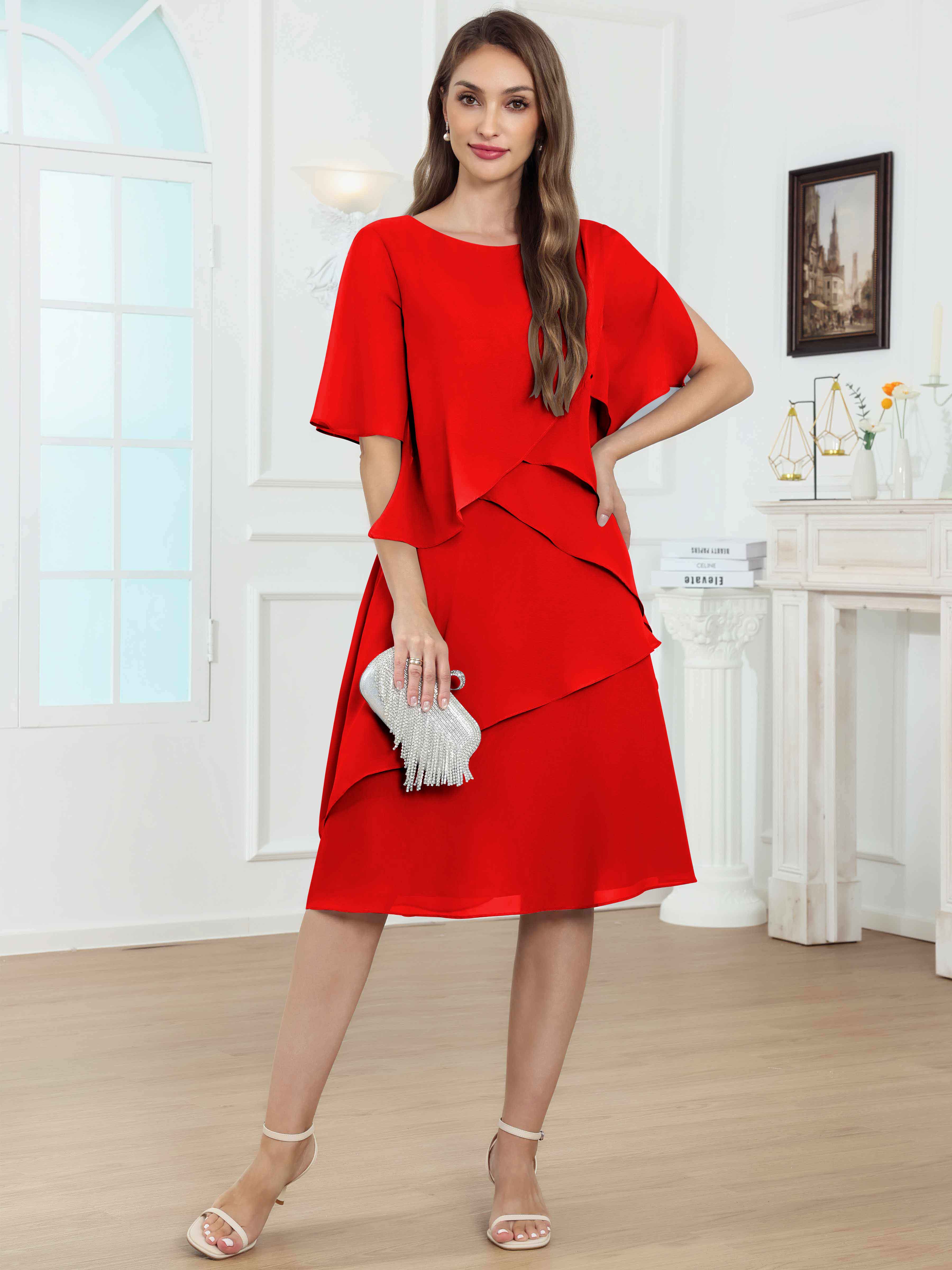 ROVDESY Knee Length Tiered Ruffle Chiffon Mother Of The Bride Dress With Half Sleeves