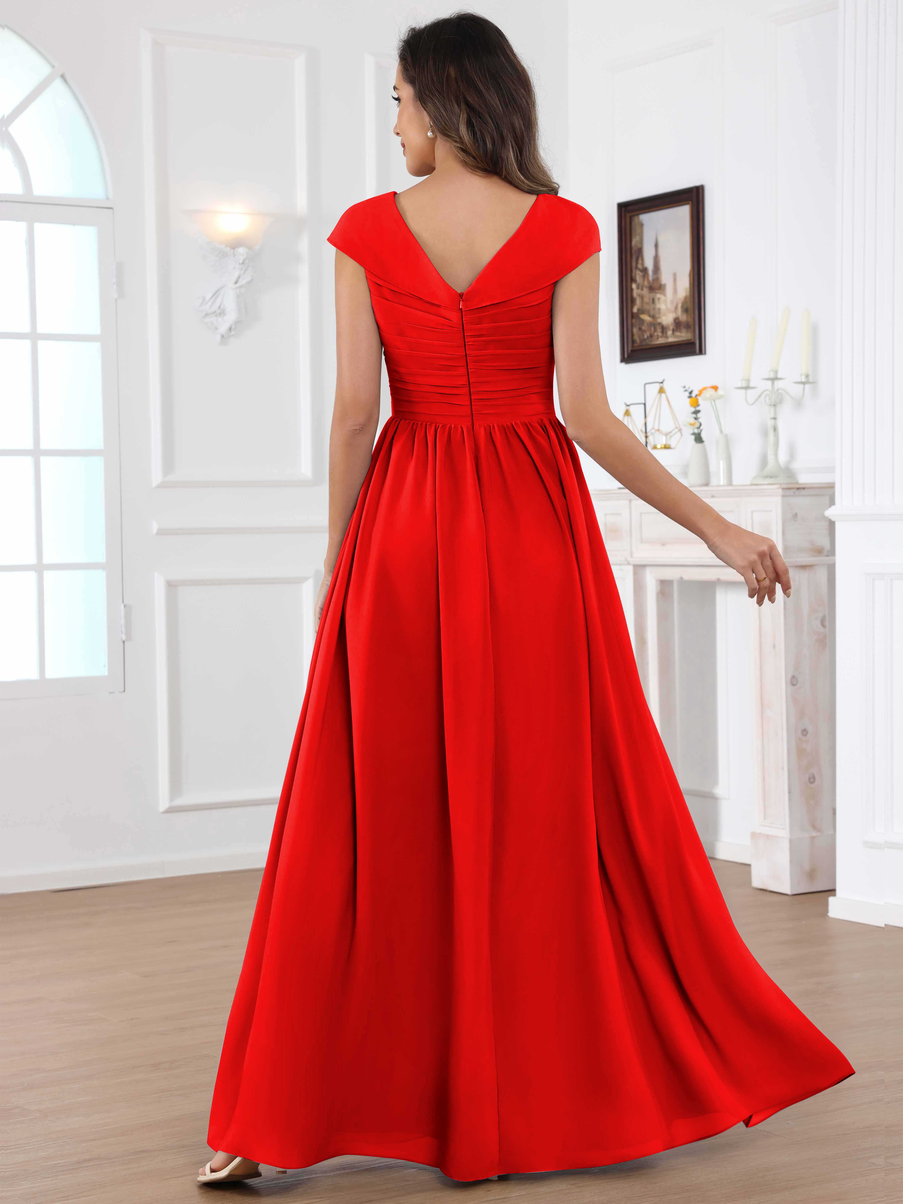 ROVDESY A-Line Cap Sleeves Pleated Chiffon Mother Of The Bride Dress