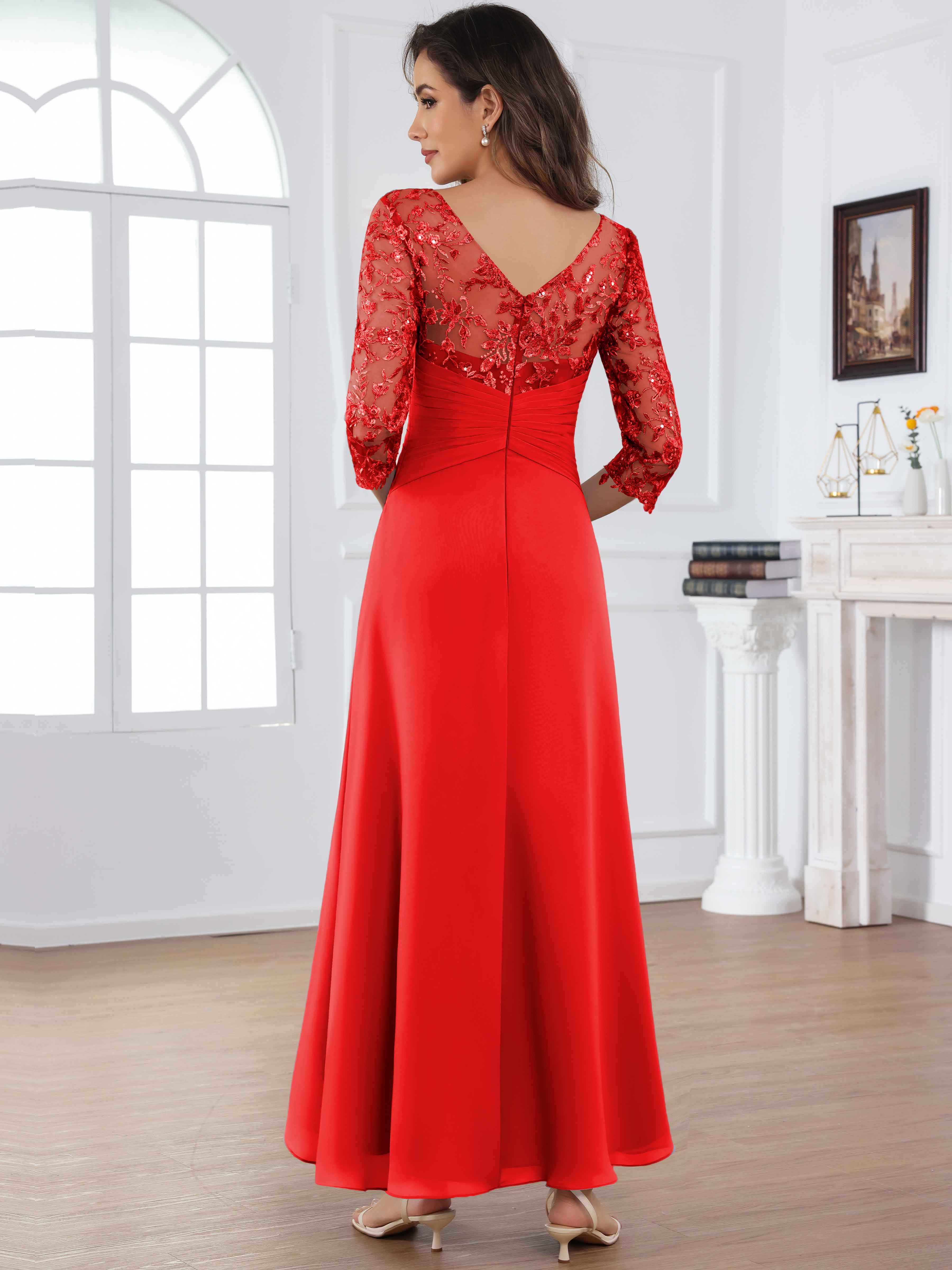 ROVDESY Tea Length Lace Chiffon Mother of The Bride Dress with 3/4 Sleeves