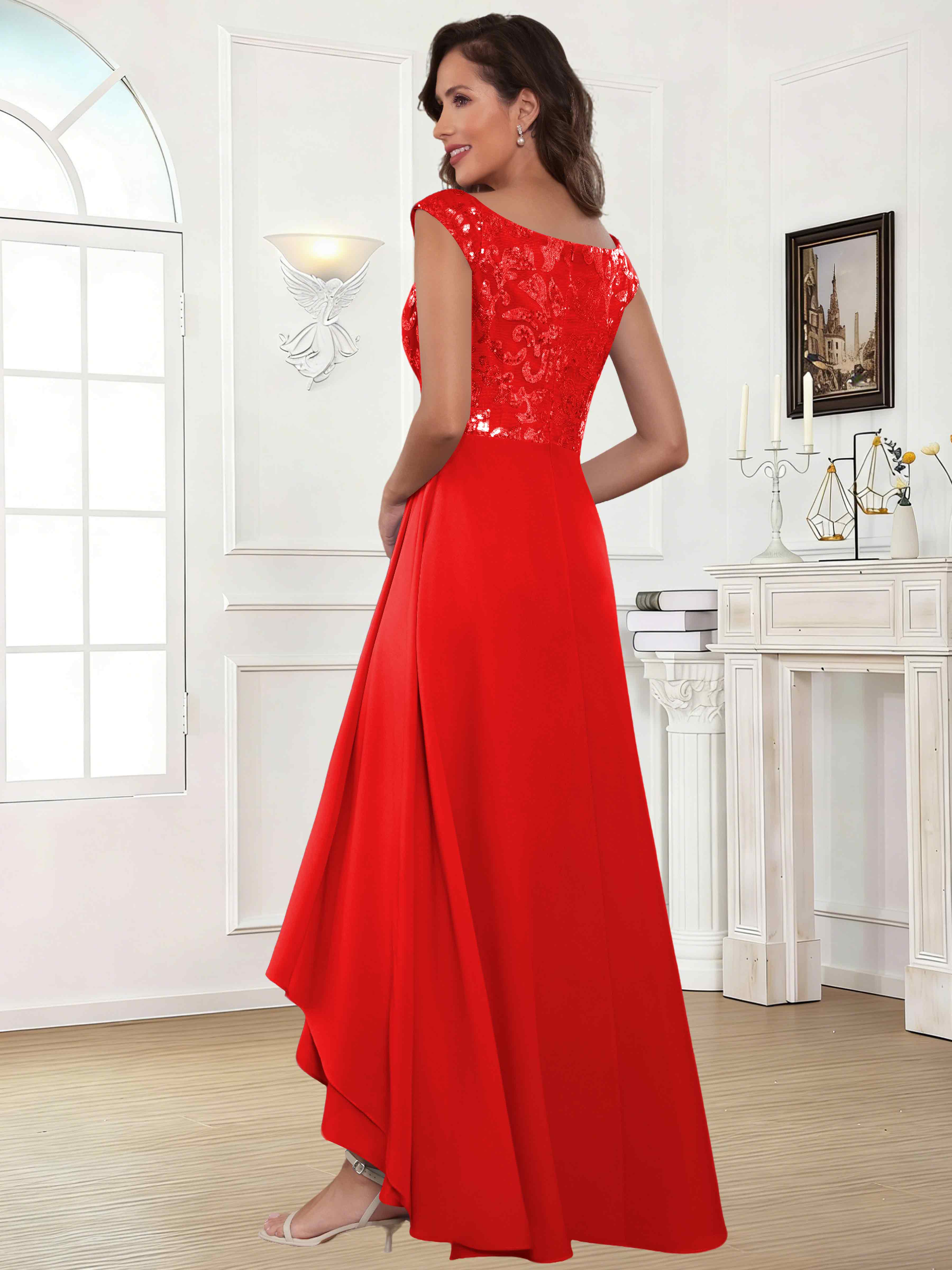 ROVDESY Tea Length Off-The-Shoulder Sequin Chiffon Mother Of The Bride Dress
