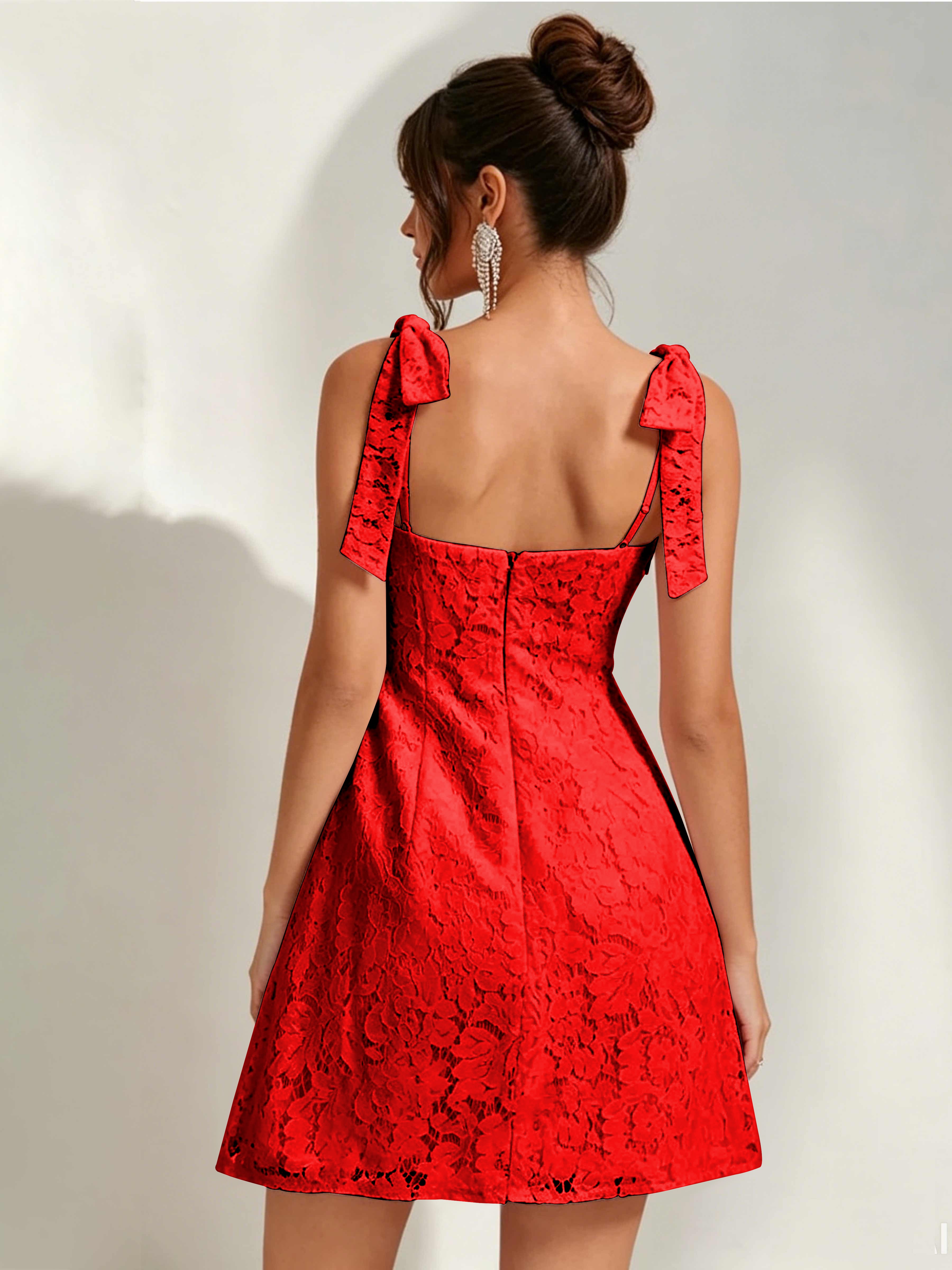 ROVDESY Bow Tie Spaghetti Strap A-Line  Floral Lace Mini Dress