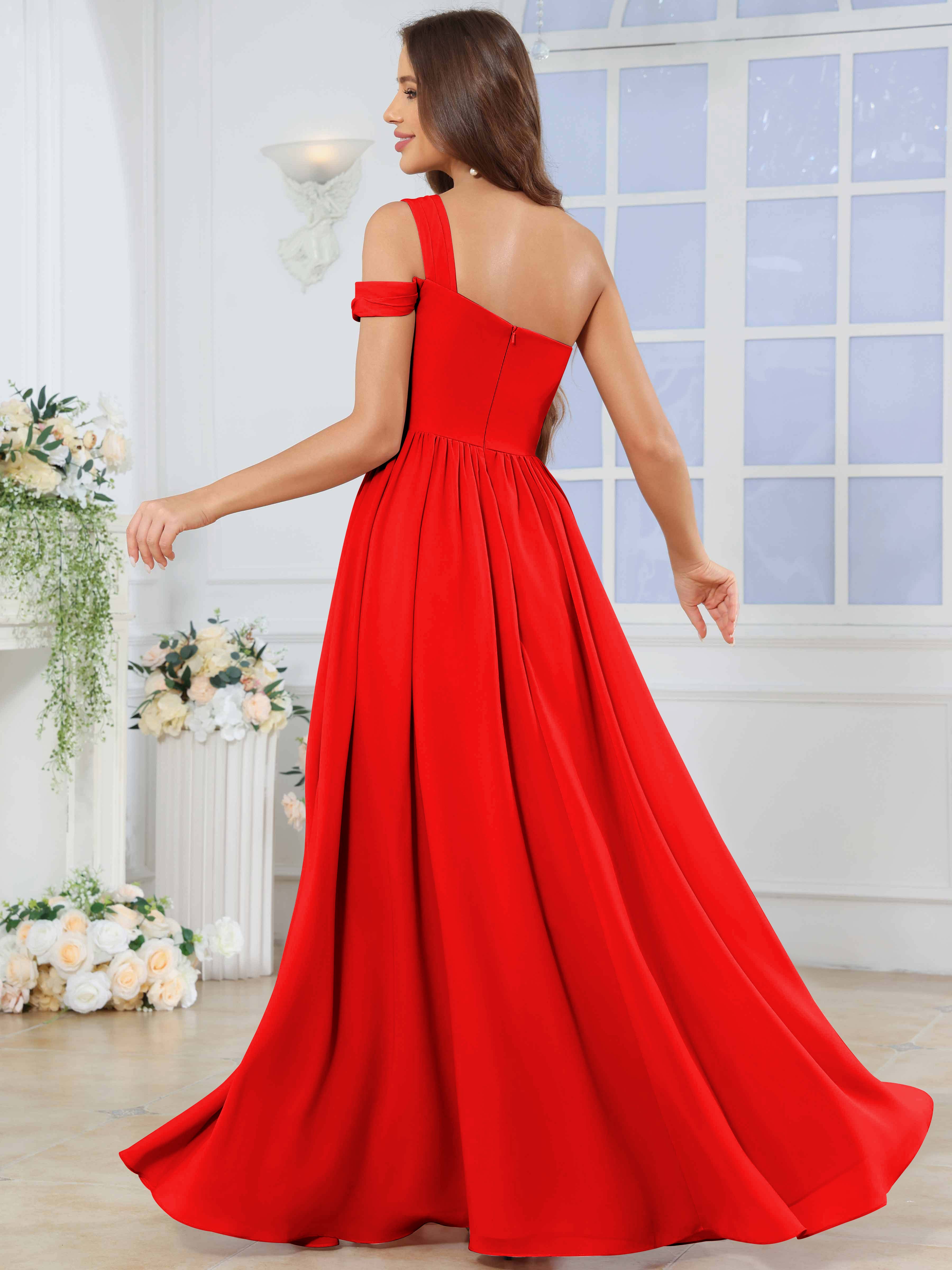 ROVDESY One Shoulder Pleated Chiffon Bridesmaid Dress With Slit