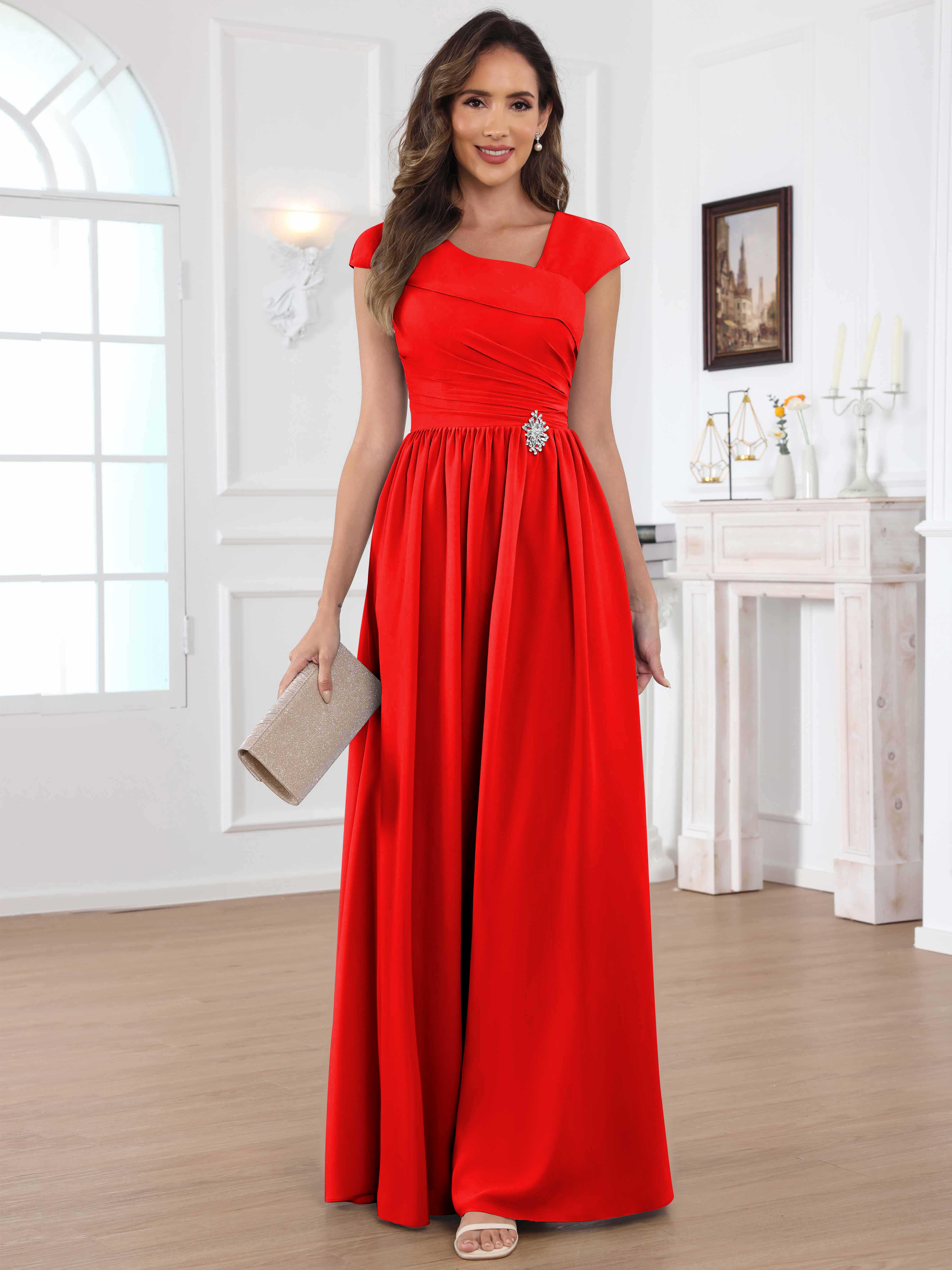 ROVDESY A-Line Cap Sleeves Pleated Chiffon Mother Of The Bride Dress