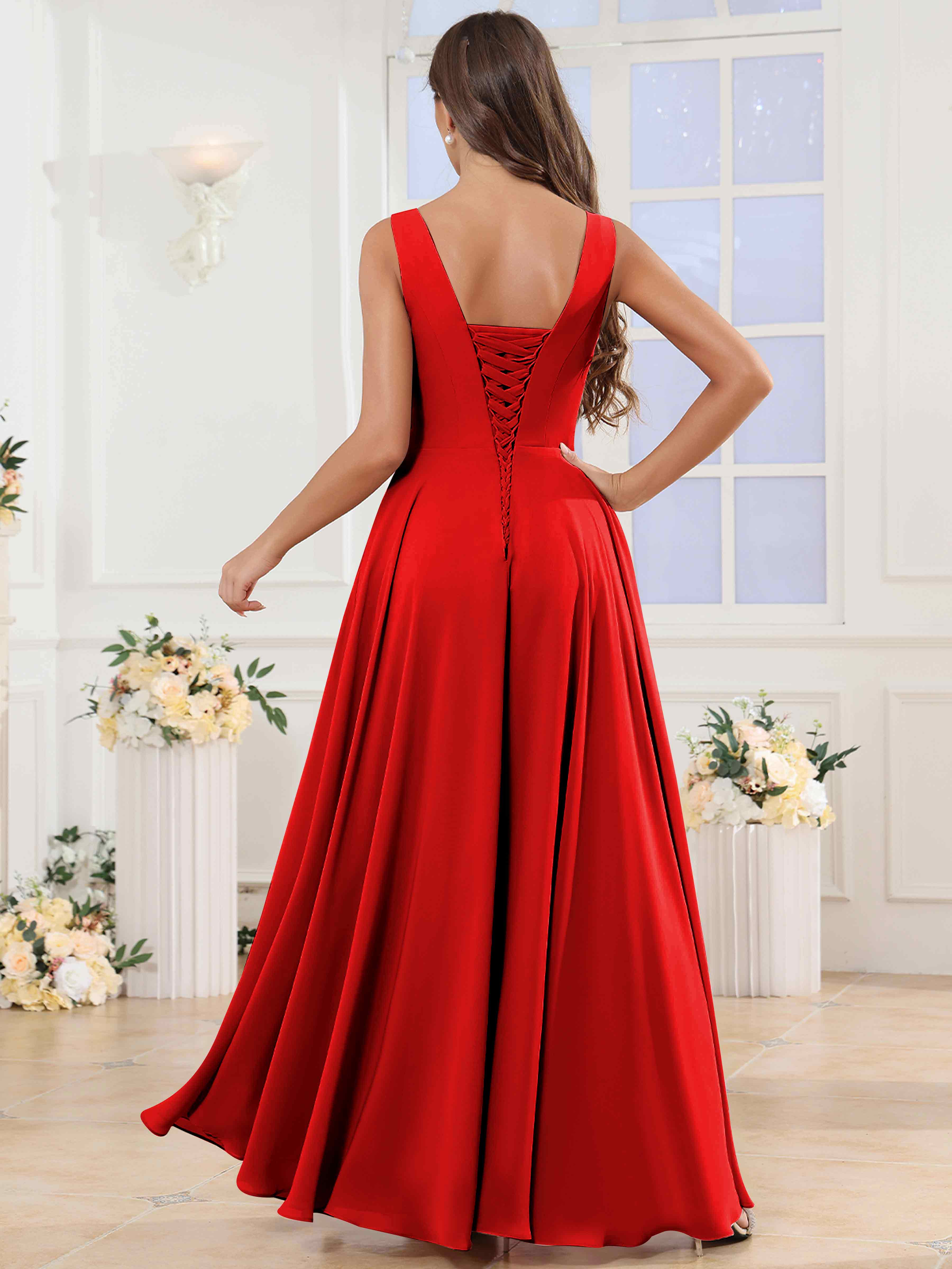 ROVDESY V-Neck Pleated Sleeveless Ruffle Chiffon Bridesmaid Dress With Slit