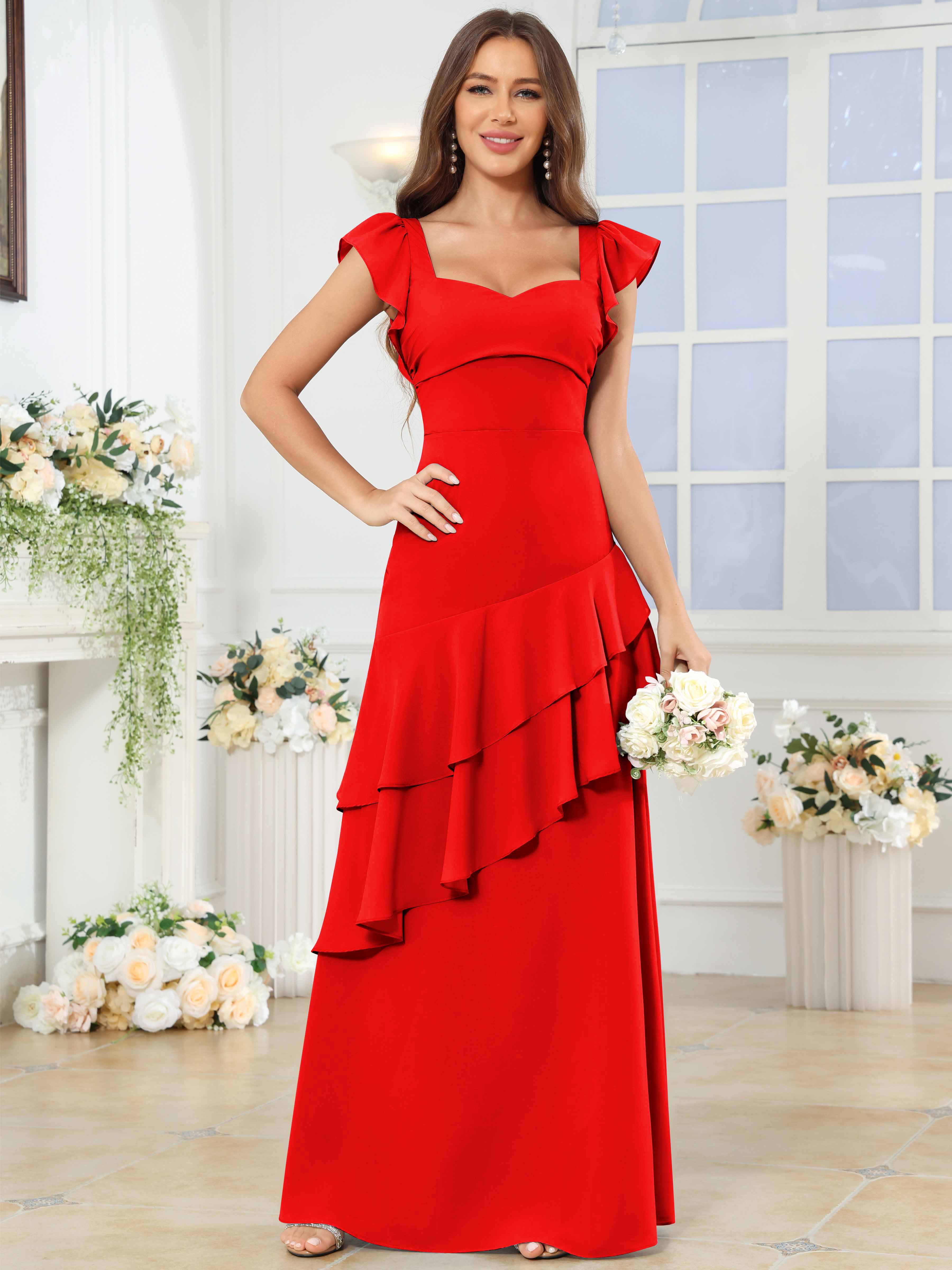 ROVDESY Sweetheart Tiered Ruffle Chiffon Bridesmaid Dress With Short Sleeves
