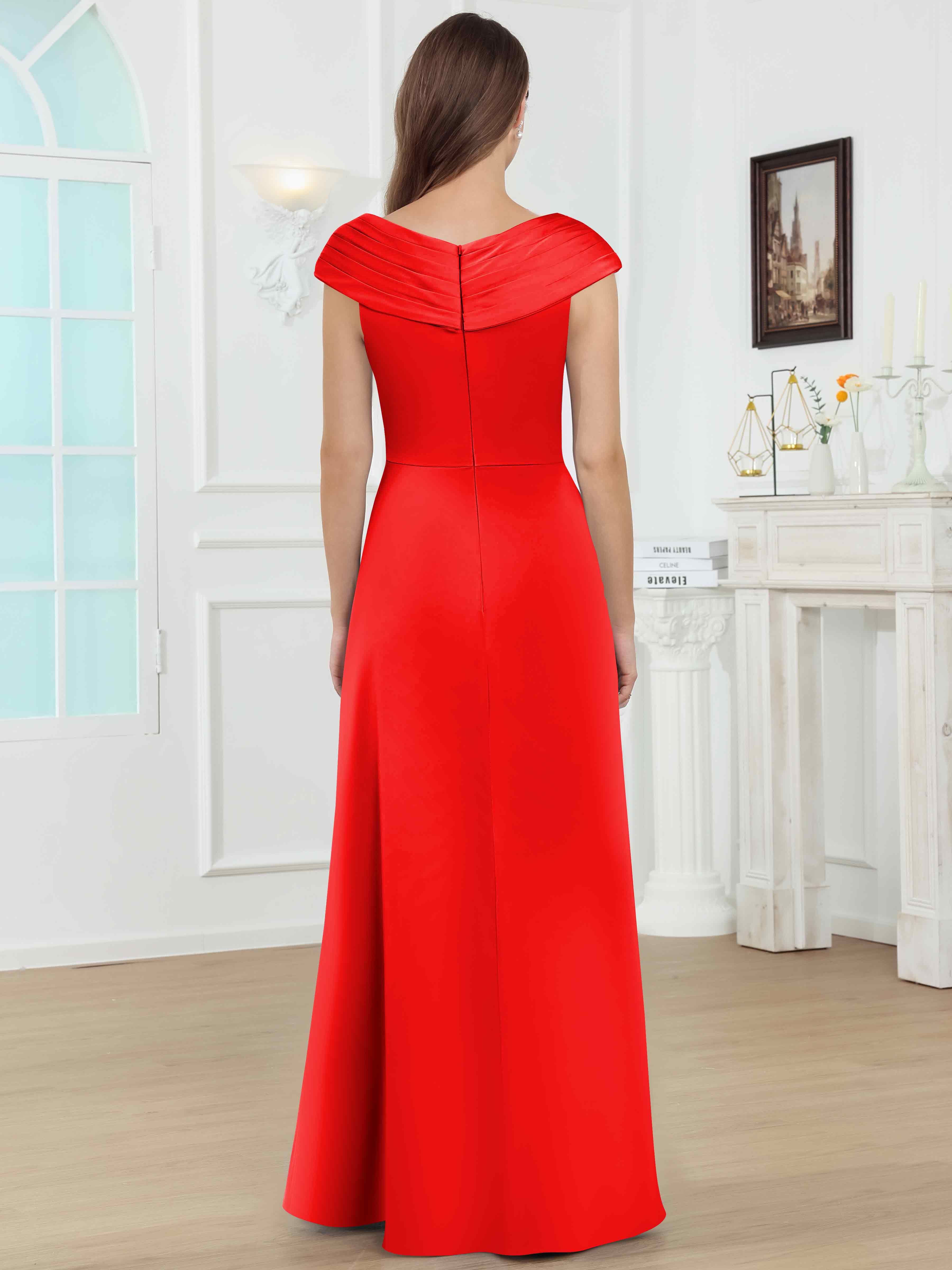 ROVDESY V-Neck Off The Shoulder Pleated Satin Mother Of The Bride Dress With Slit