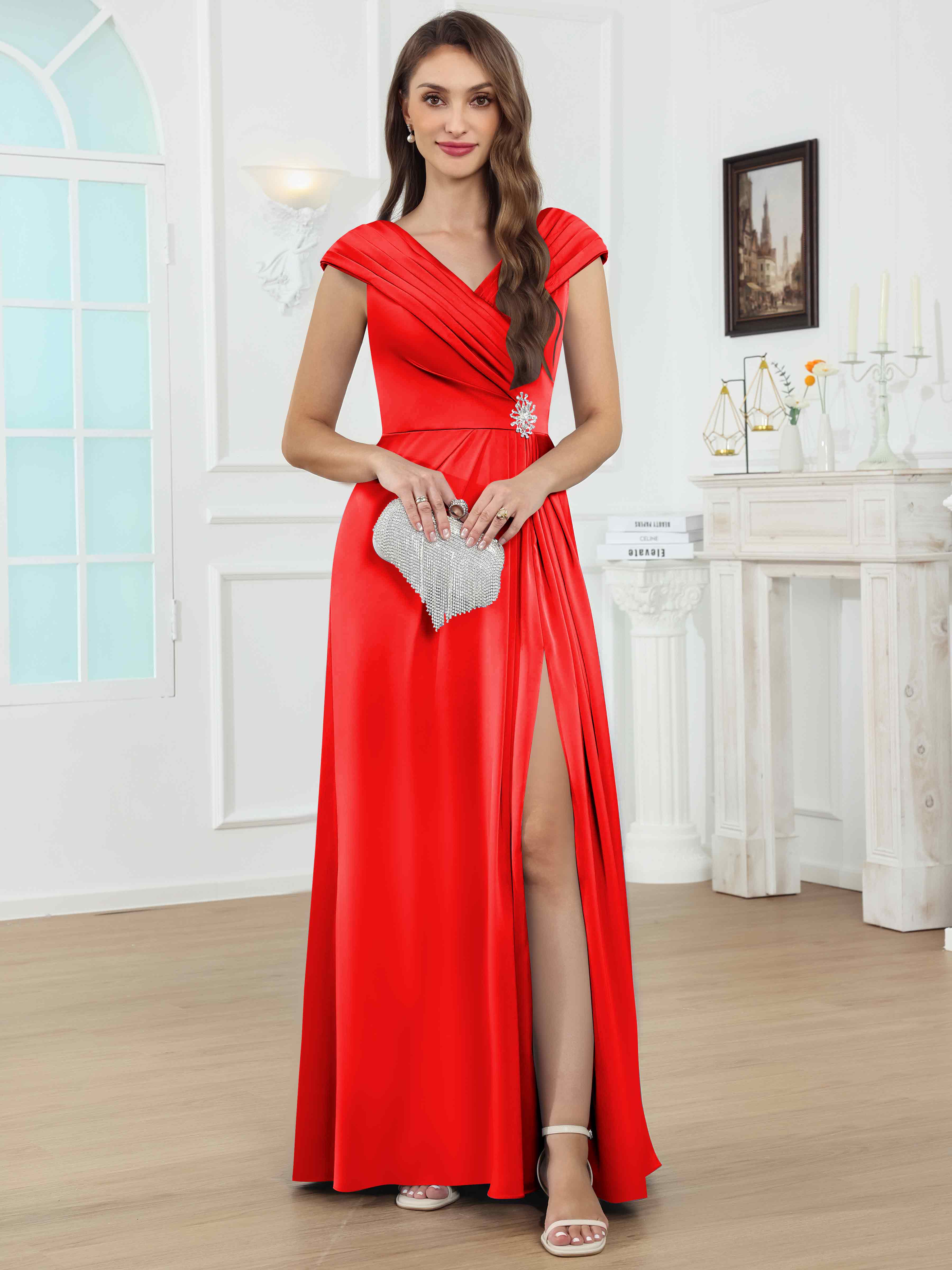 ROVDESY V-Neck Off The Shoulder Pleated Satin Mother Of The Bride Dress With Slit
