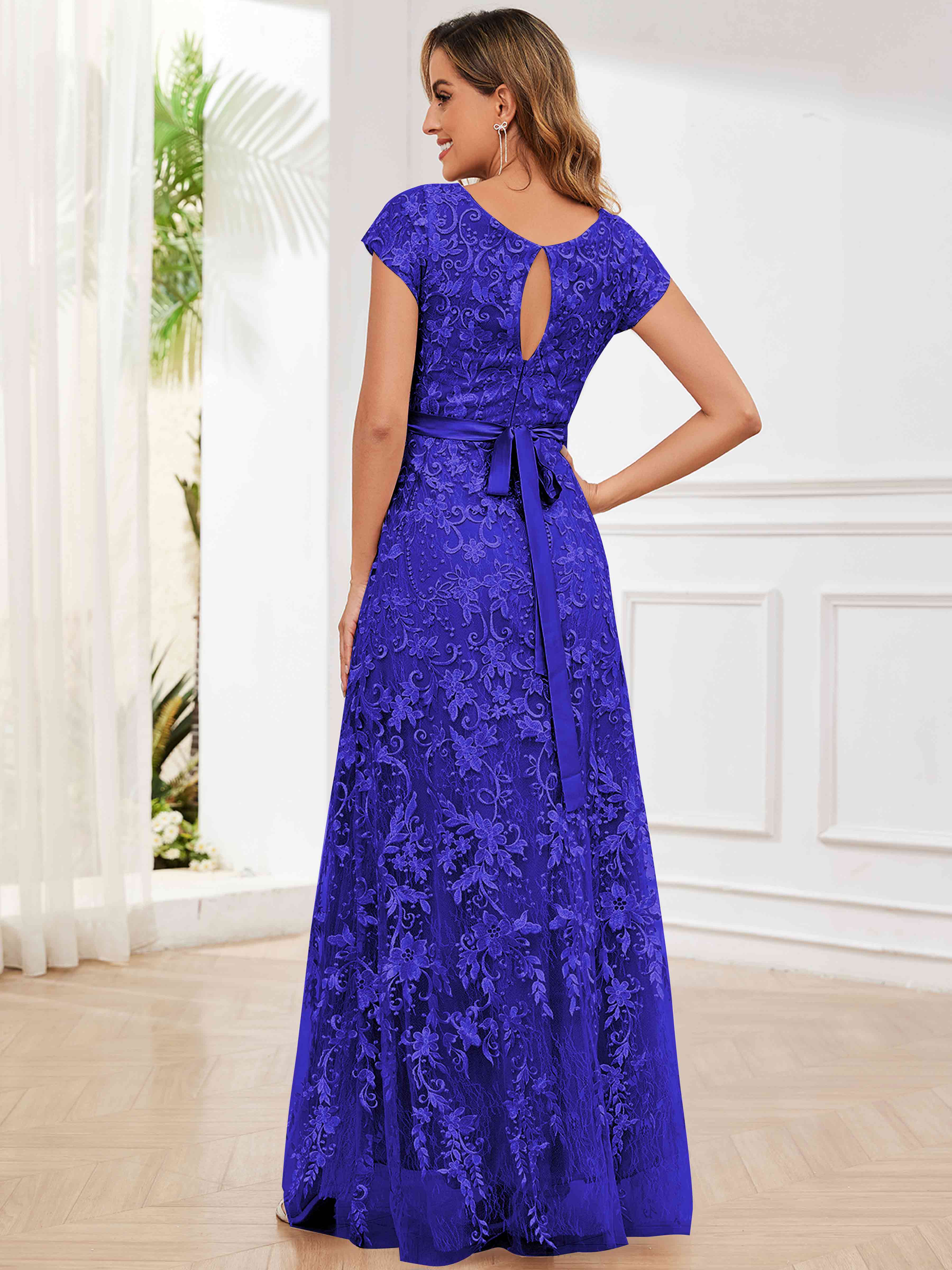 ROVDESY Elegant Lace Mother Of The Bride Dress With Short Sleeves Formal Gown