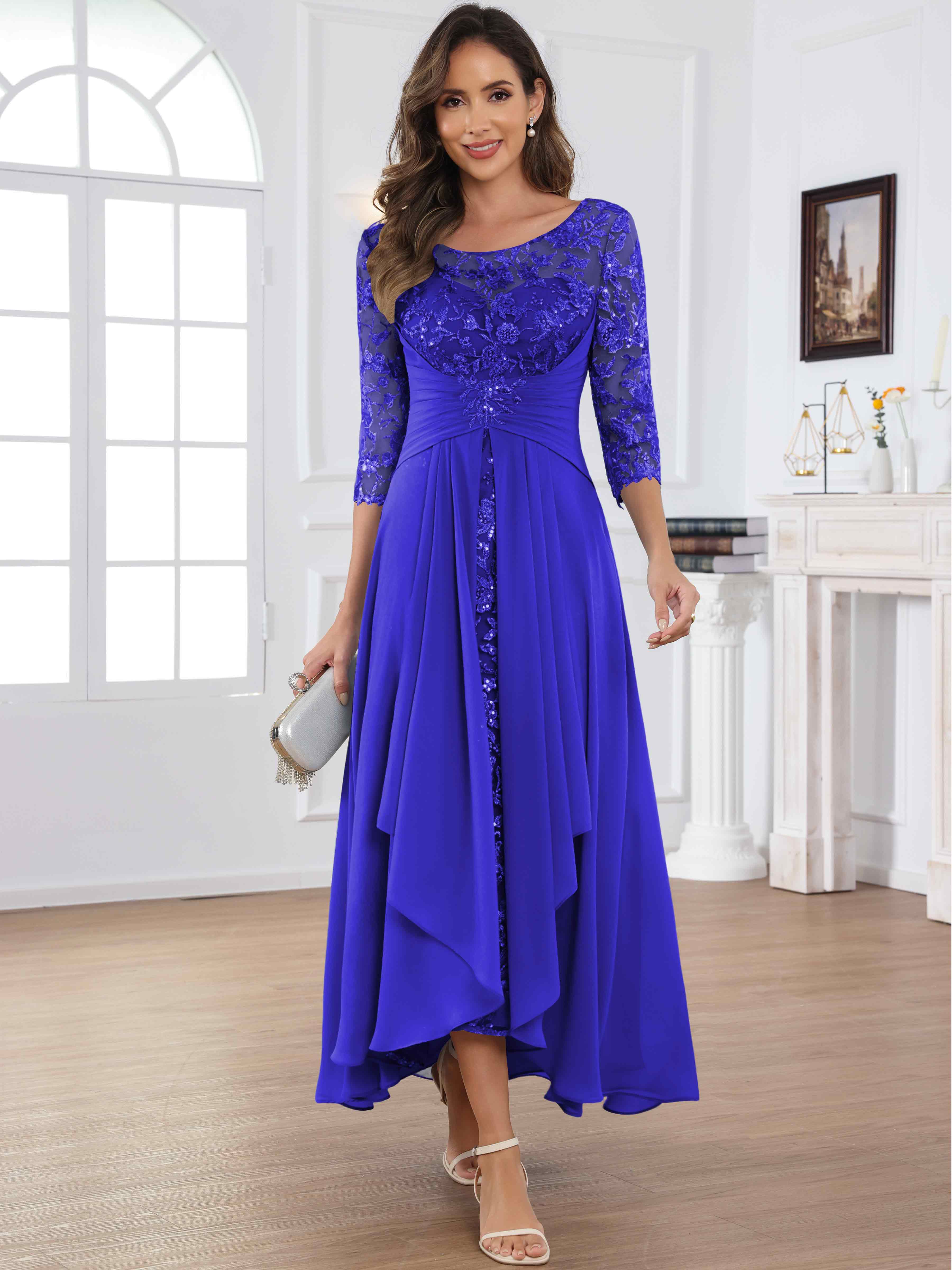 ROVDESY Tea Length Lace Chiffon Mother of The Bride Dress with 3/4 Sleeves