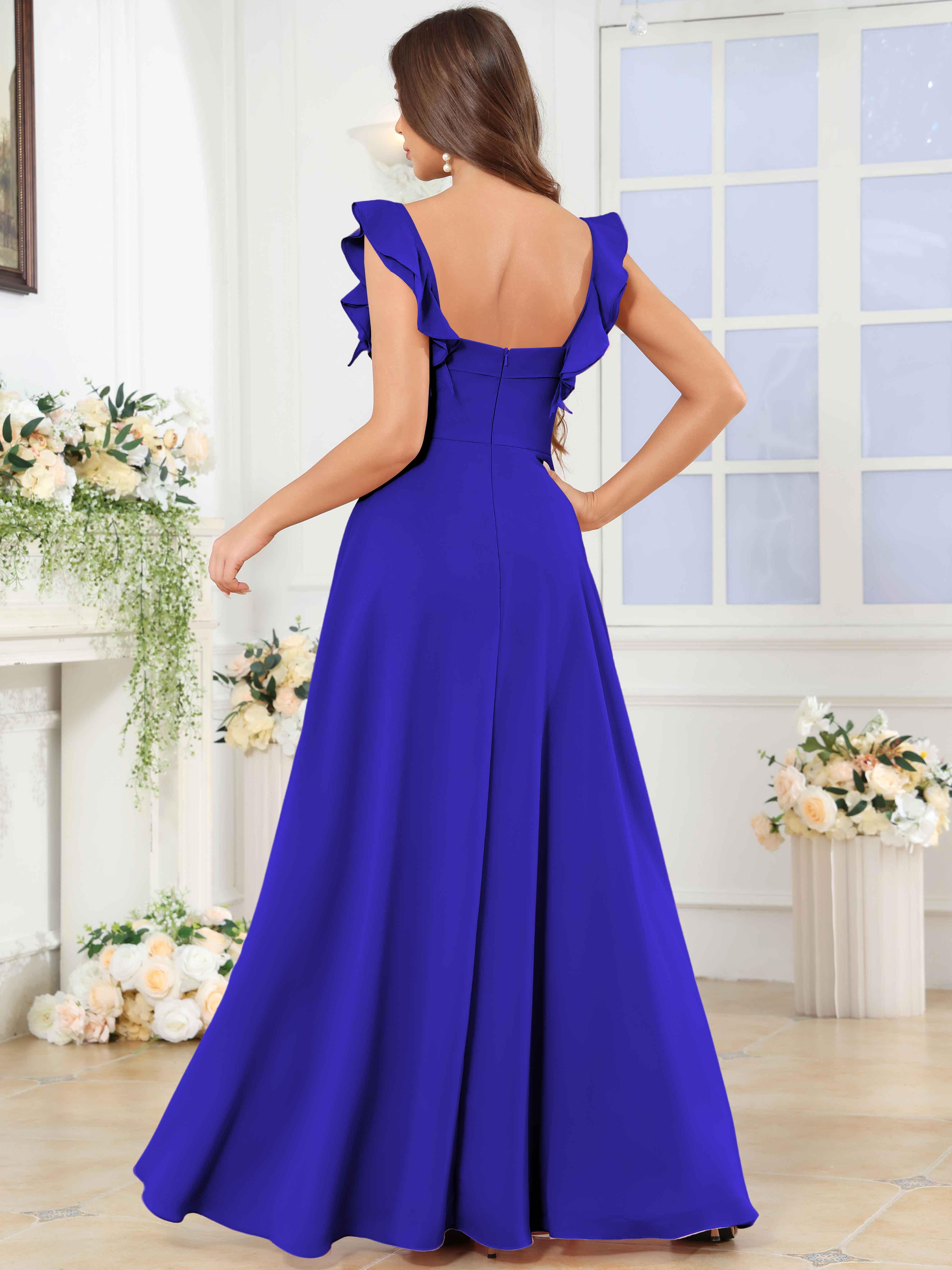 ROVDESY Square Neck Ruffle Chffion Bridesmaid Dress With Slit