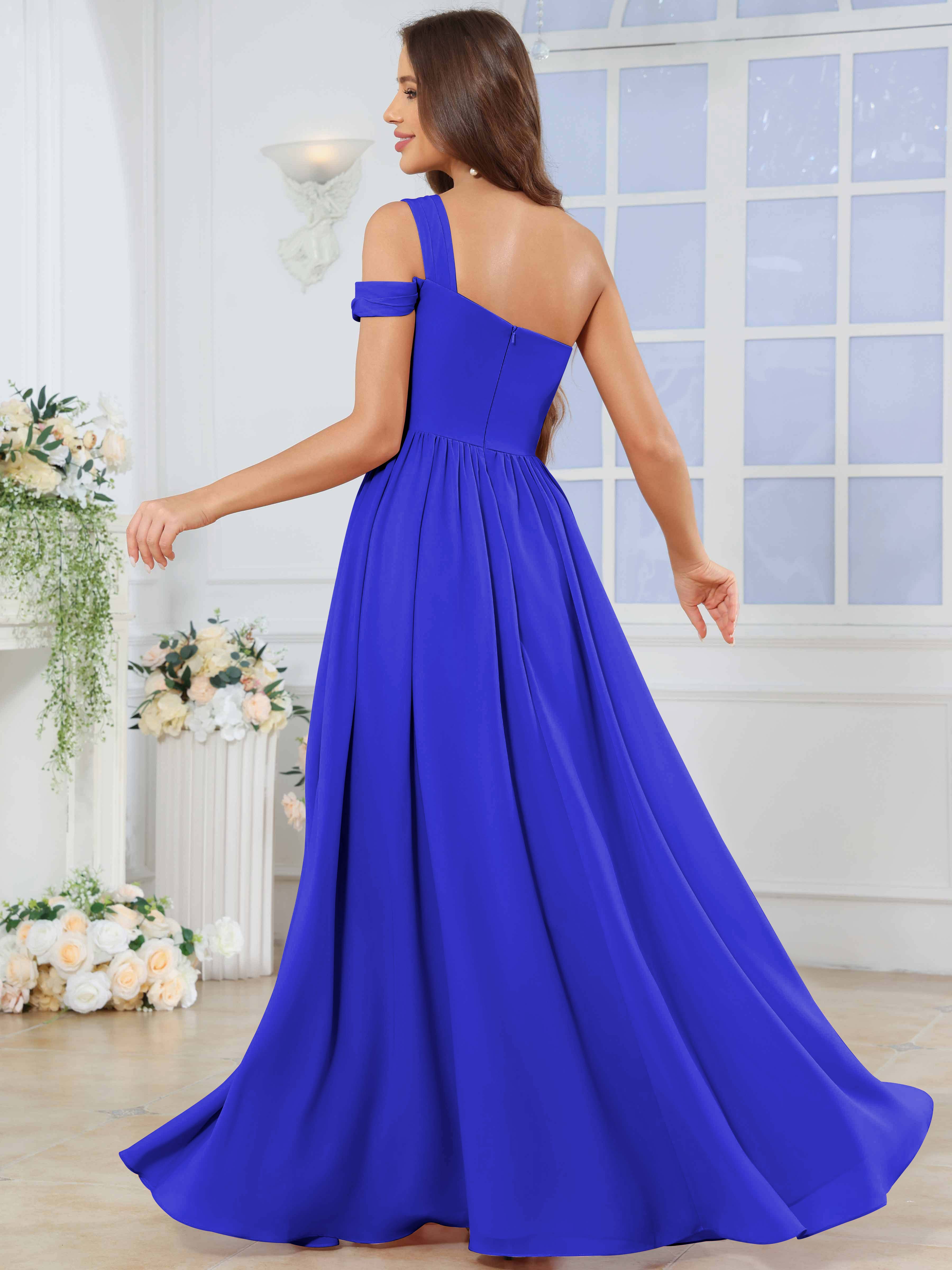 ROVDESY One Shoulder Pleated Chiffon Bridesmaid Dress With Slit