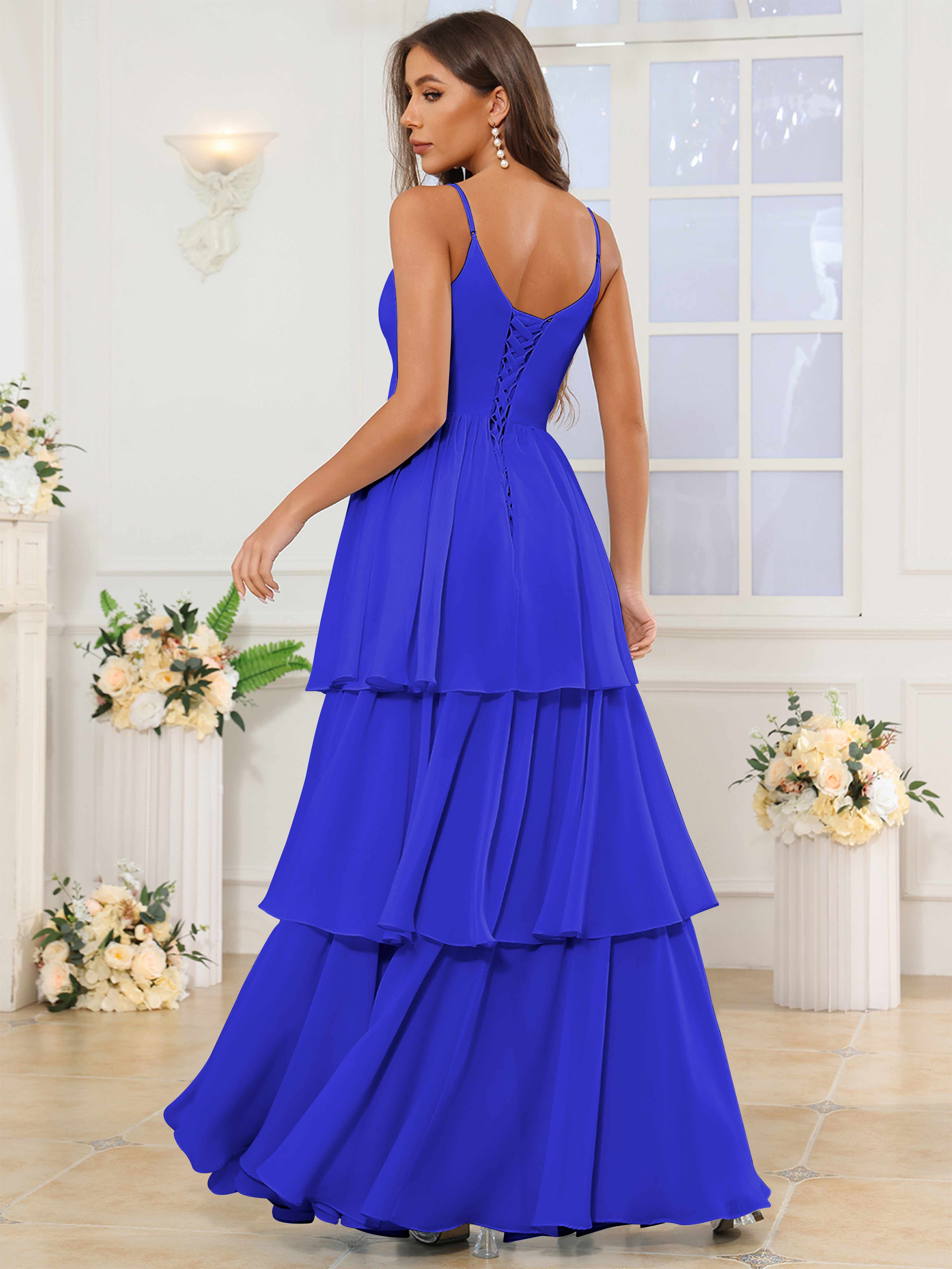 ROVDESY V-Neck Spaghetti Straps Tiered Chiffon Bridesmaid Dress With Ruffles