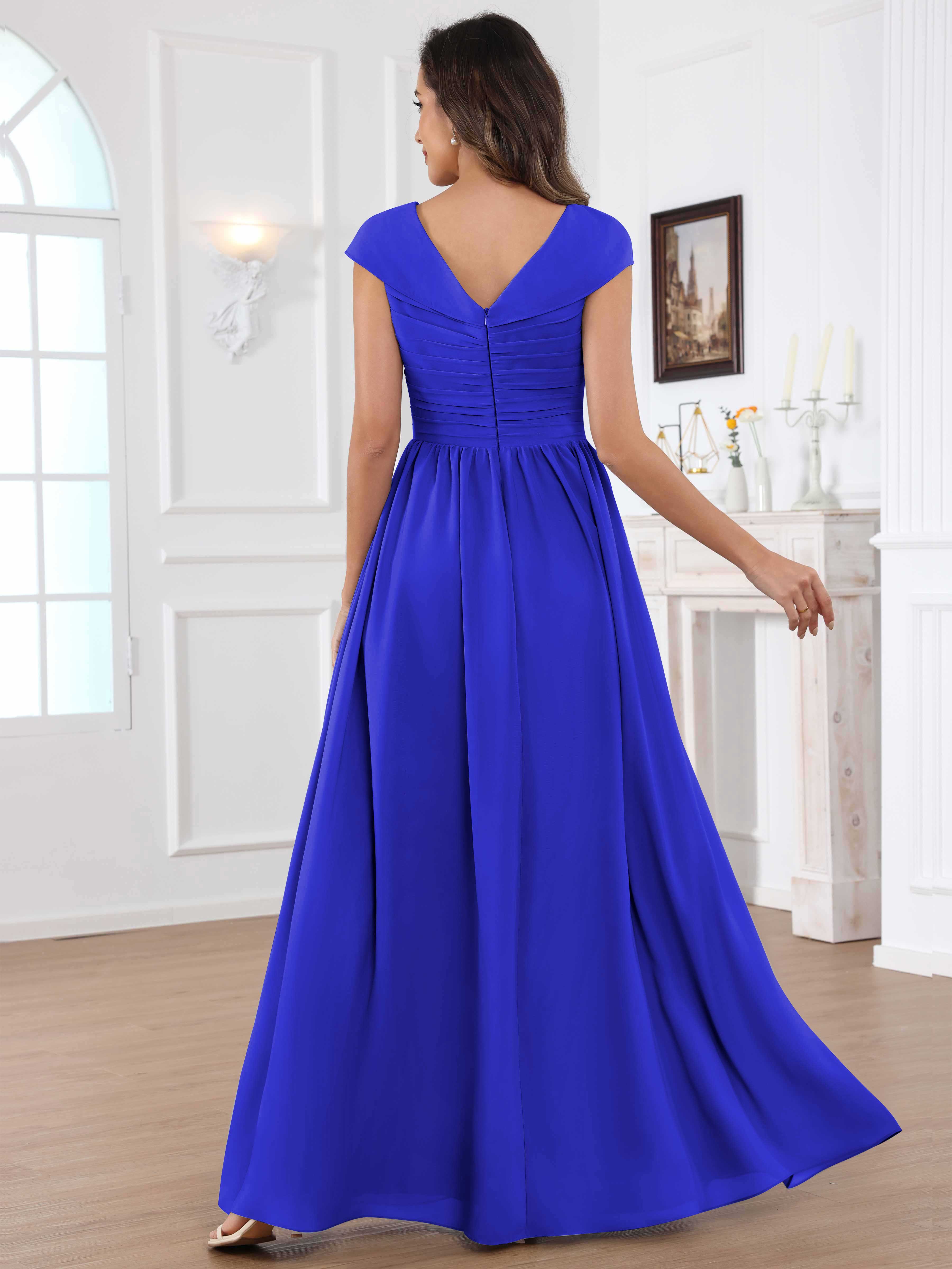 ROVDESY A-Line Cap Sleeves Pleated Chiffon Mother Of The Bride Dress