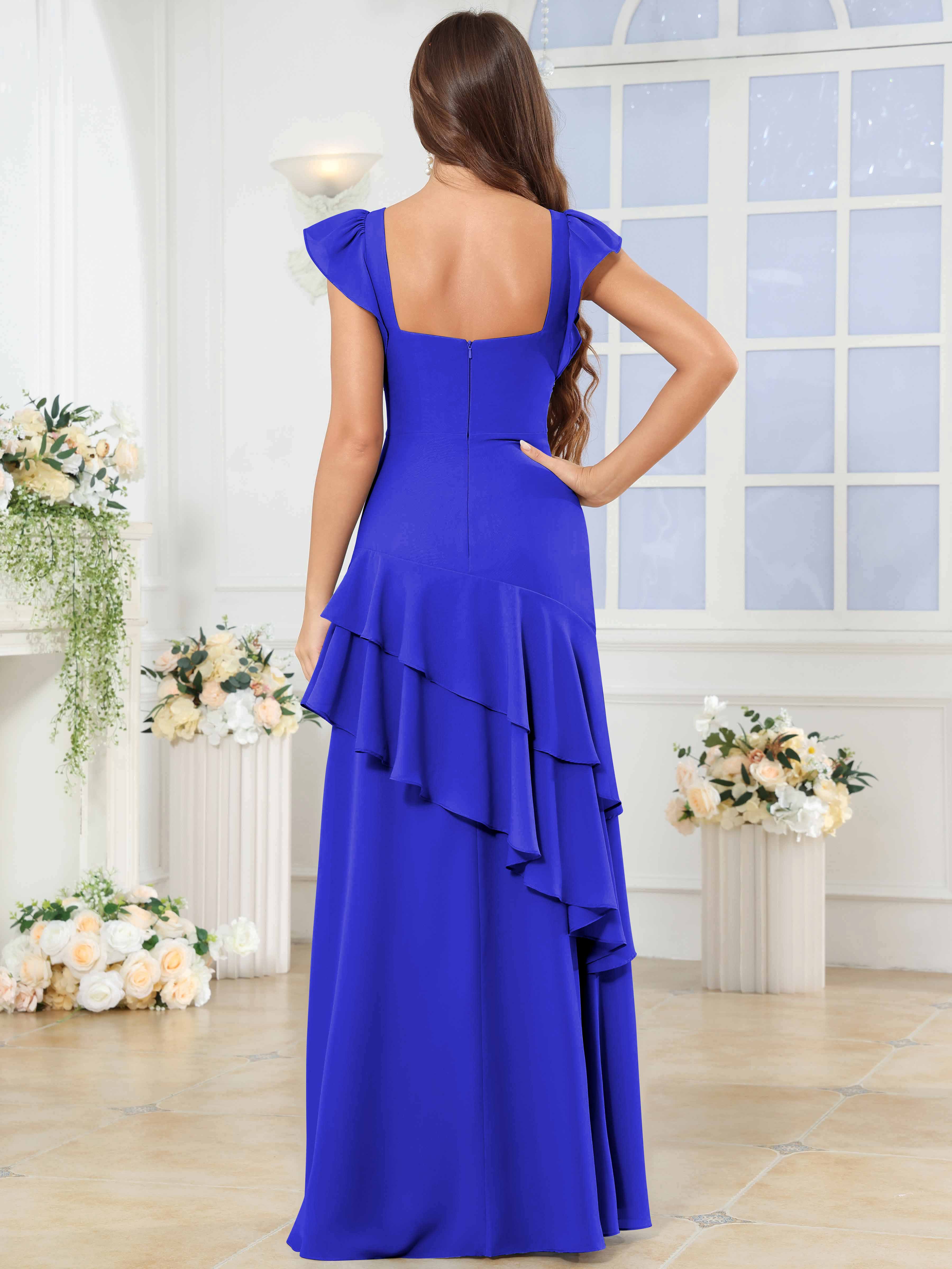 ROVDESY Sweetheart Tiered Ruffle Chiffon Bridesmaid Dress With Short Sleeves