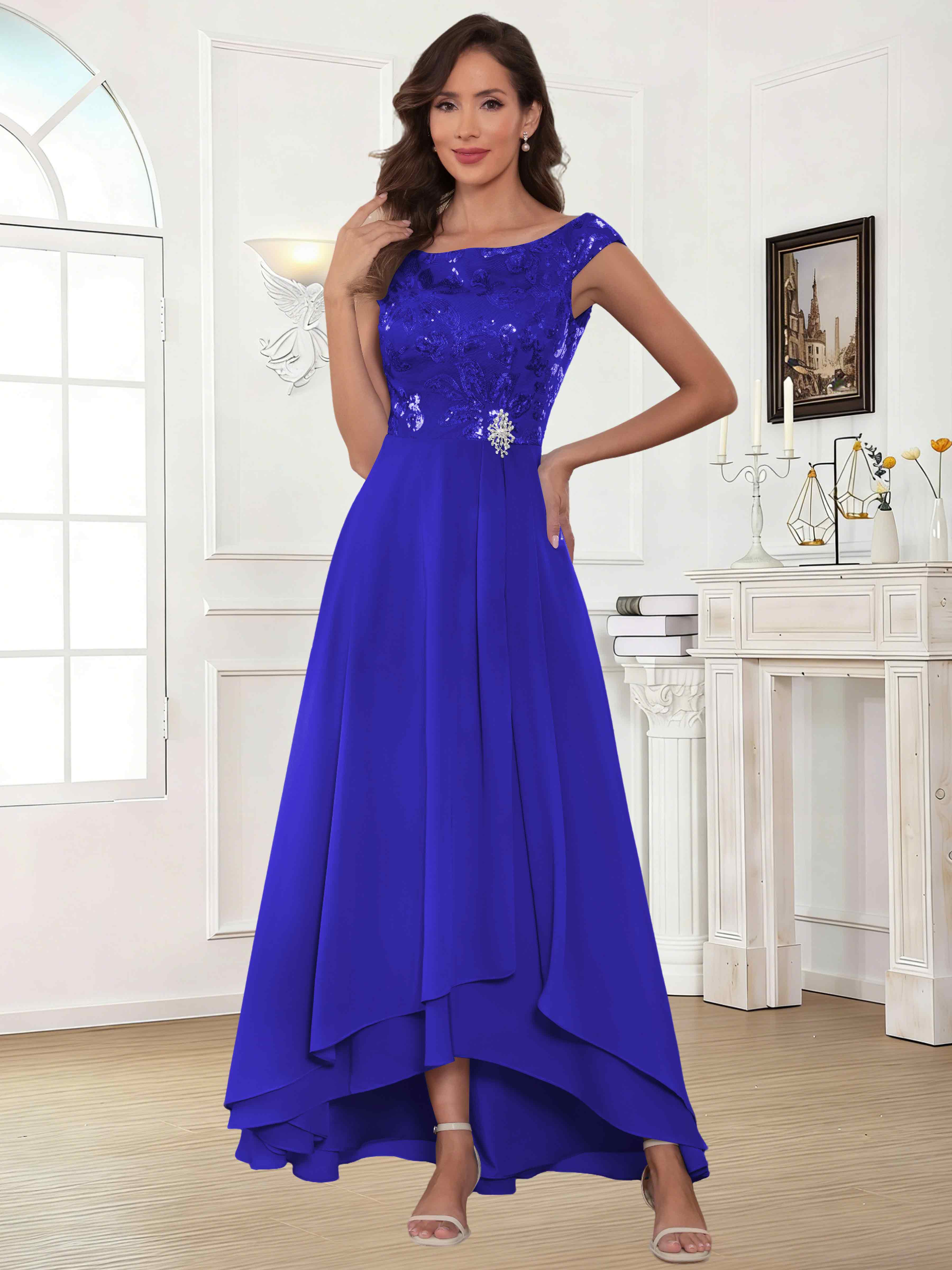 ROVDESY Tea Length Off-The-Shoulder Sequin Chiffon Mother Of The Bride Dress