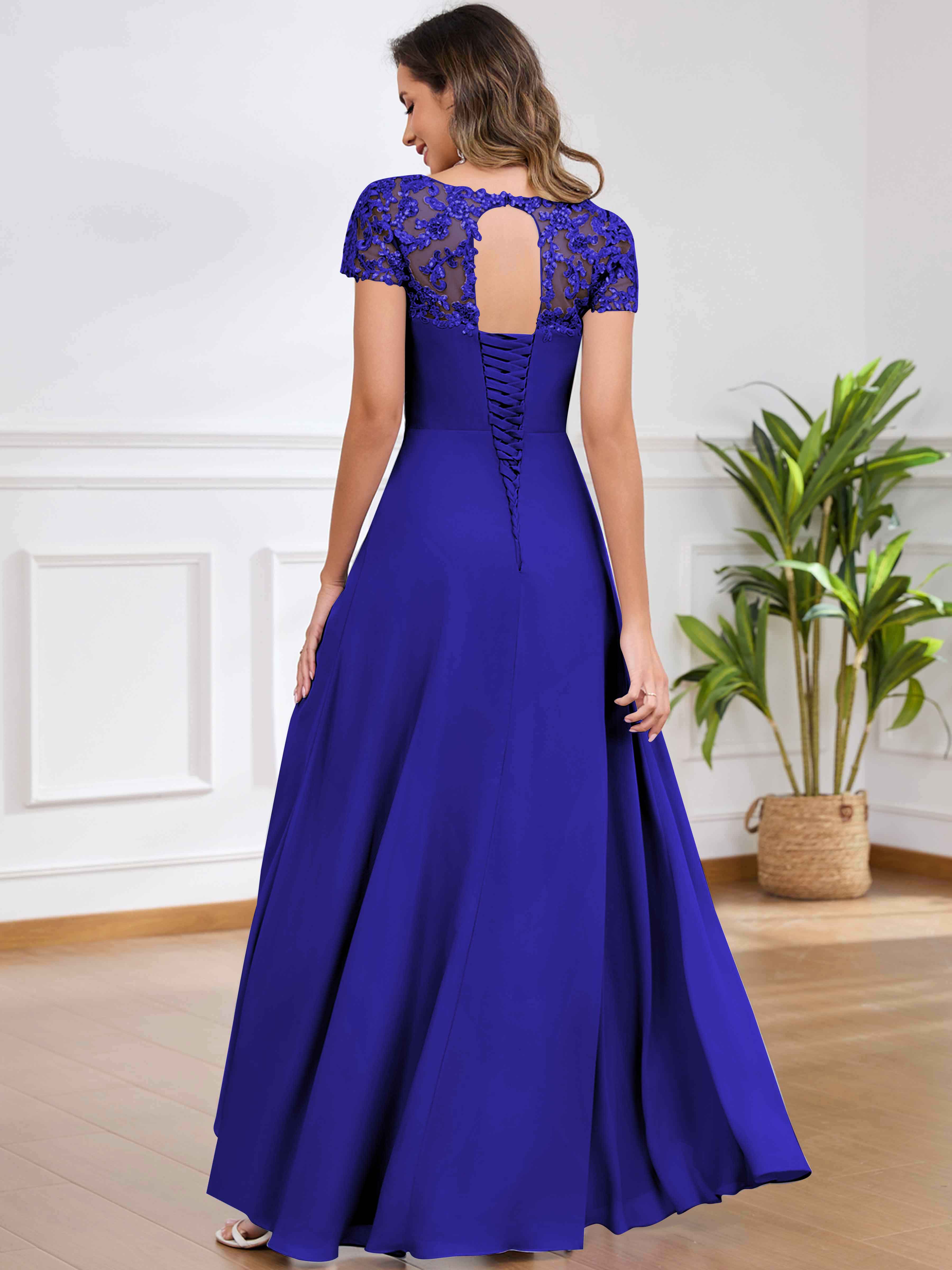 ROVDESY A-Line Pleated Lace Sequin Ruffle Chiffon Mother Of The Bride Dress With Slit