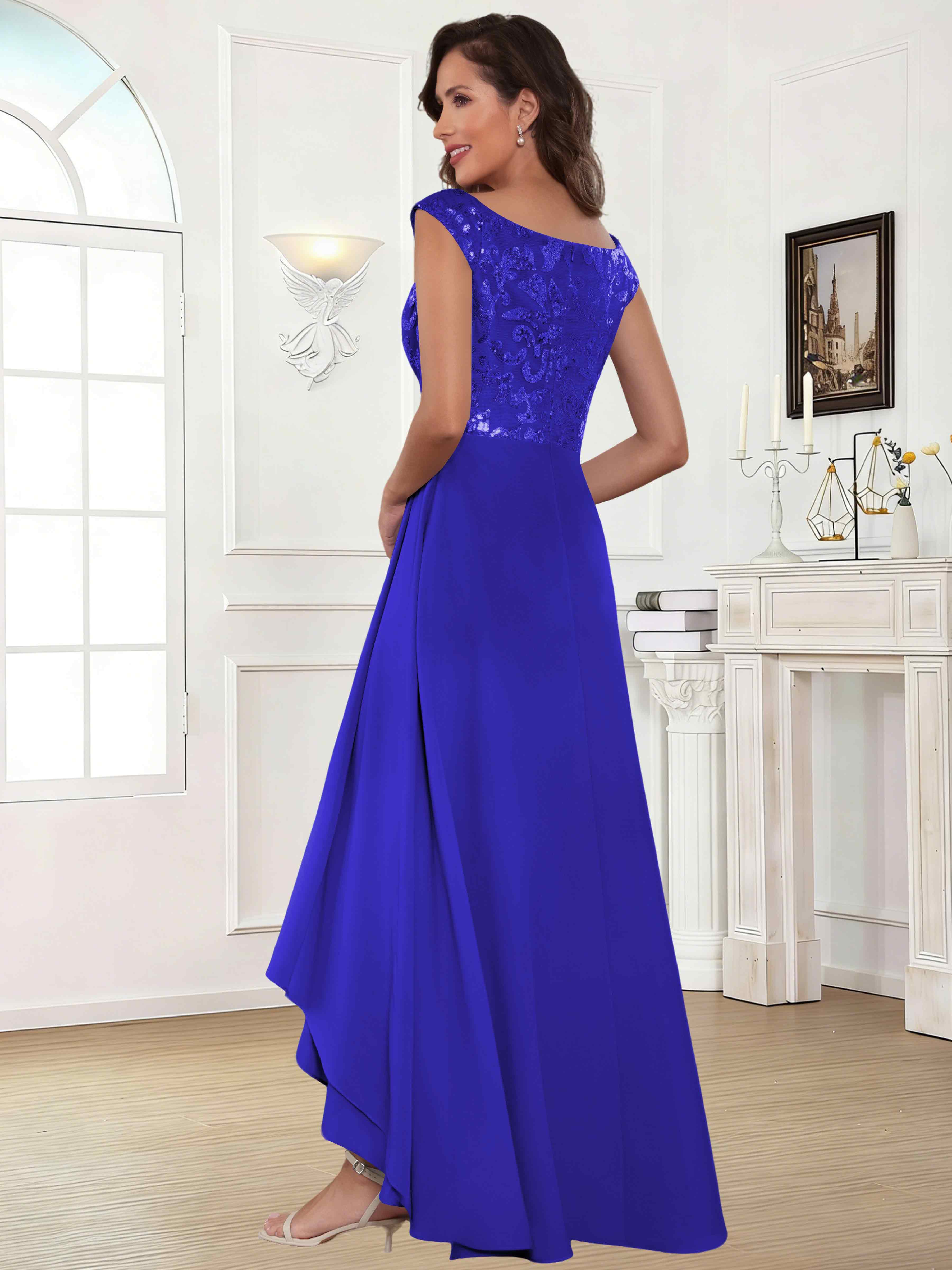 ROVDESY Tea Length Off-The-Shoulder Sequin Chiffon Mother Of The Bride Dress