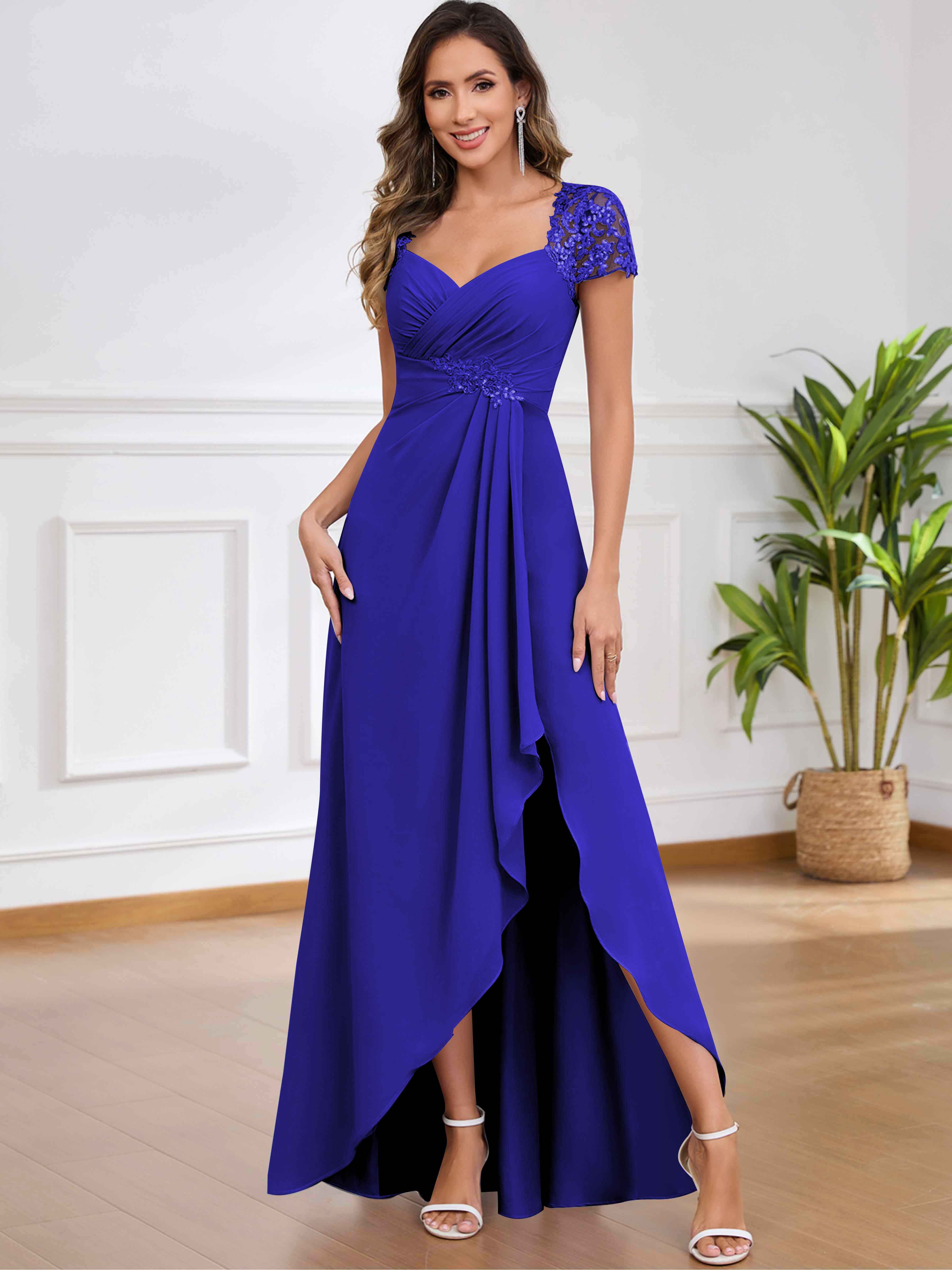 ROVDESY A-Line Pleated Lace Sequin Ruffle Chiffon Mother Of The Bride Dress With Slit