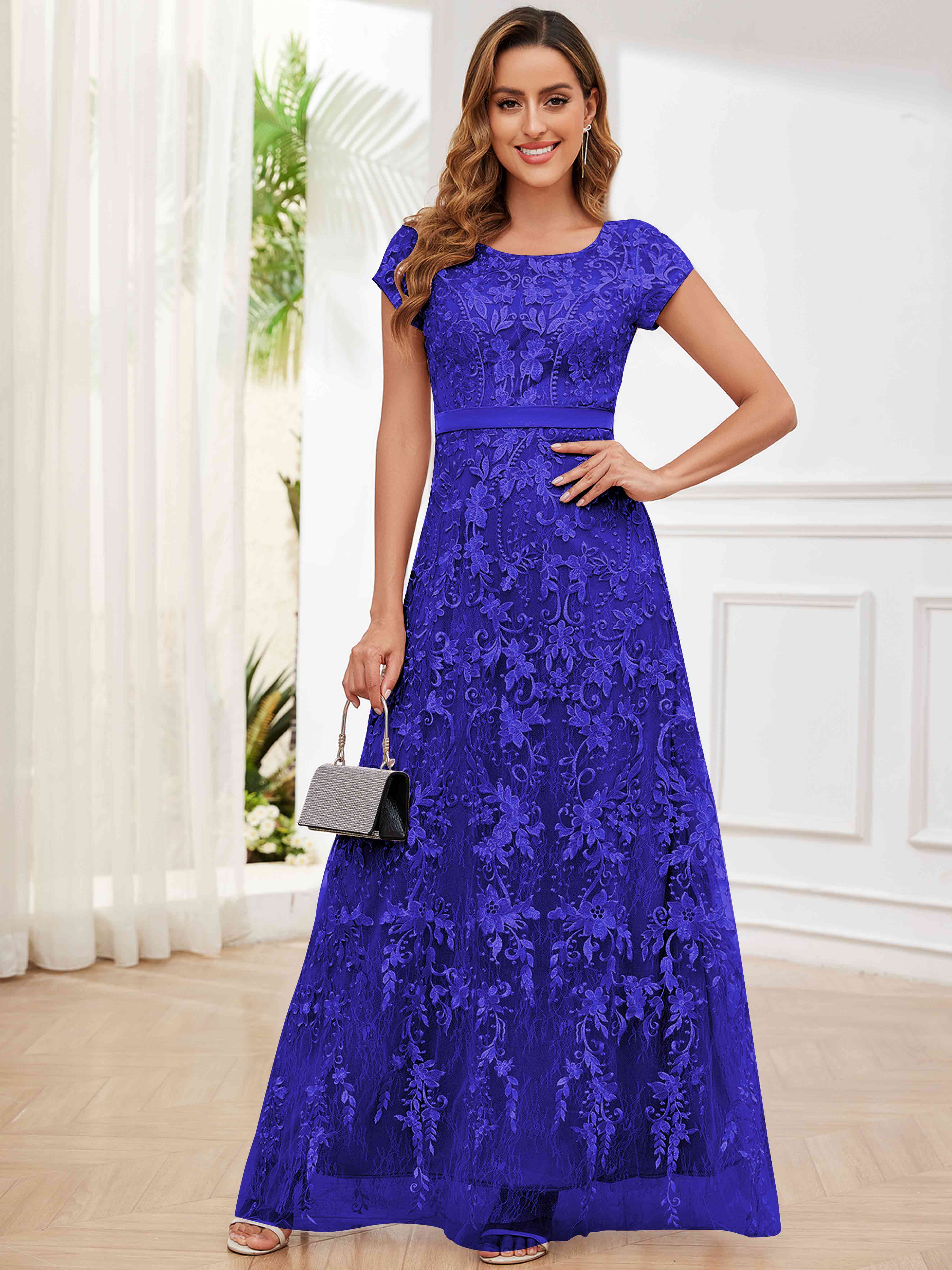 ROVDESY Elegant Lace Mother Of The Bride Dress With Short Sleeves Formal Gown