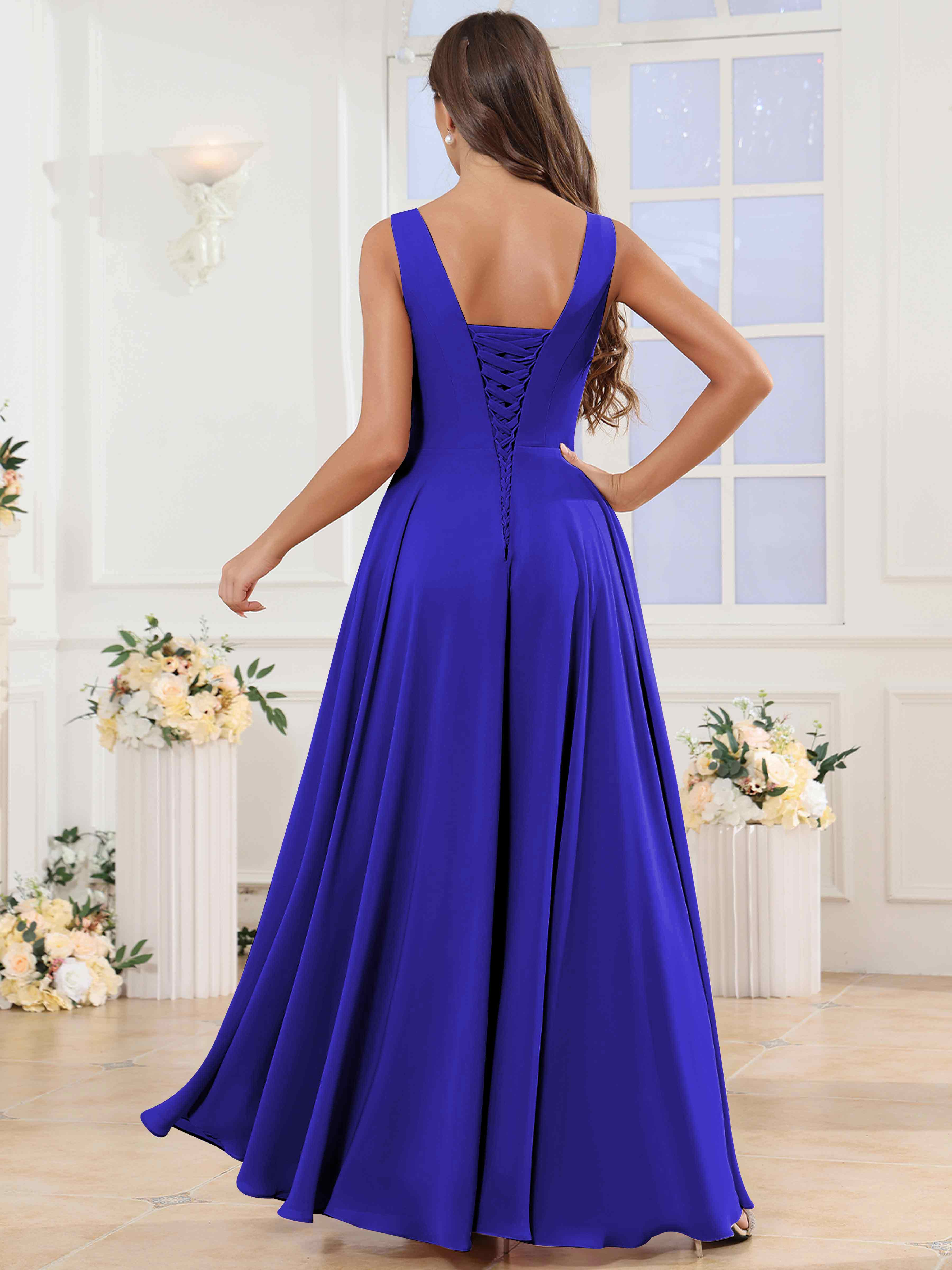 ROVDESY V-Neck Pleated Sleeveless Ruffle Chiffon Bridesmaid Dress With Slit