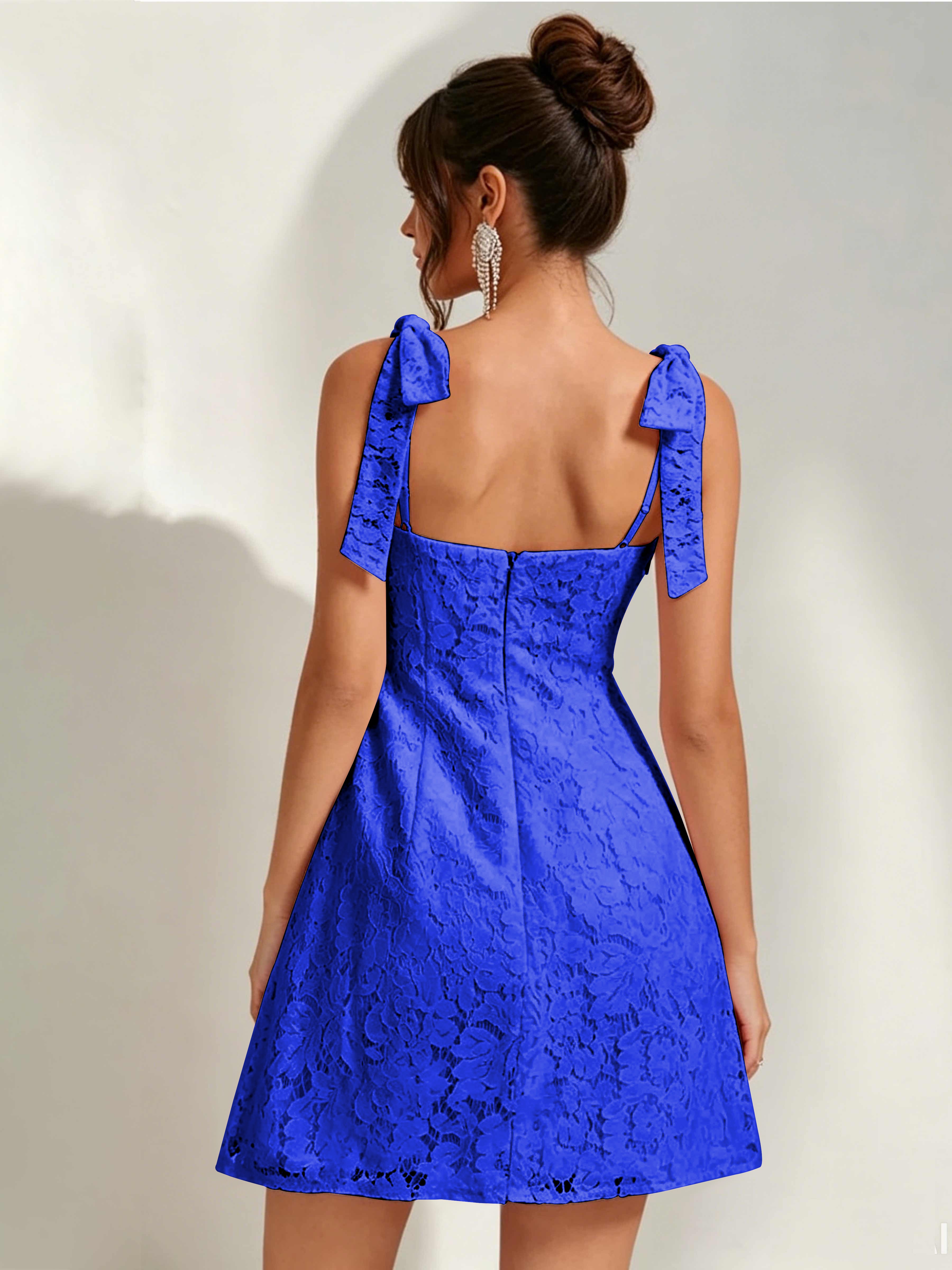 ROVDESY Bow Tie Spaghetti Strap A-Line  Floral Lace Mini Dress