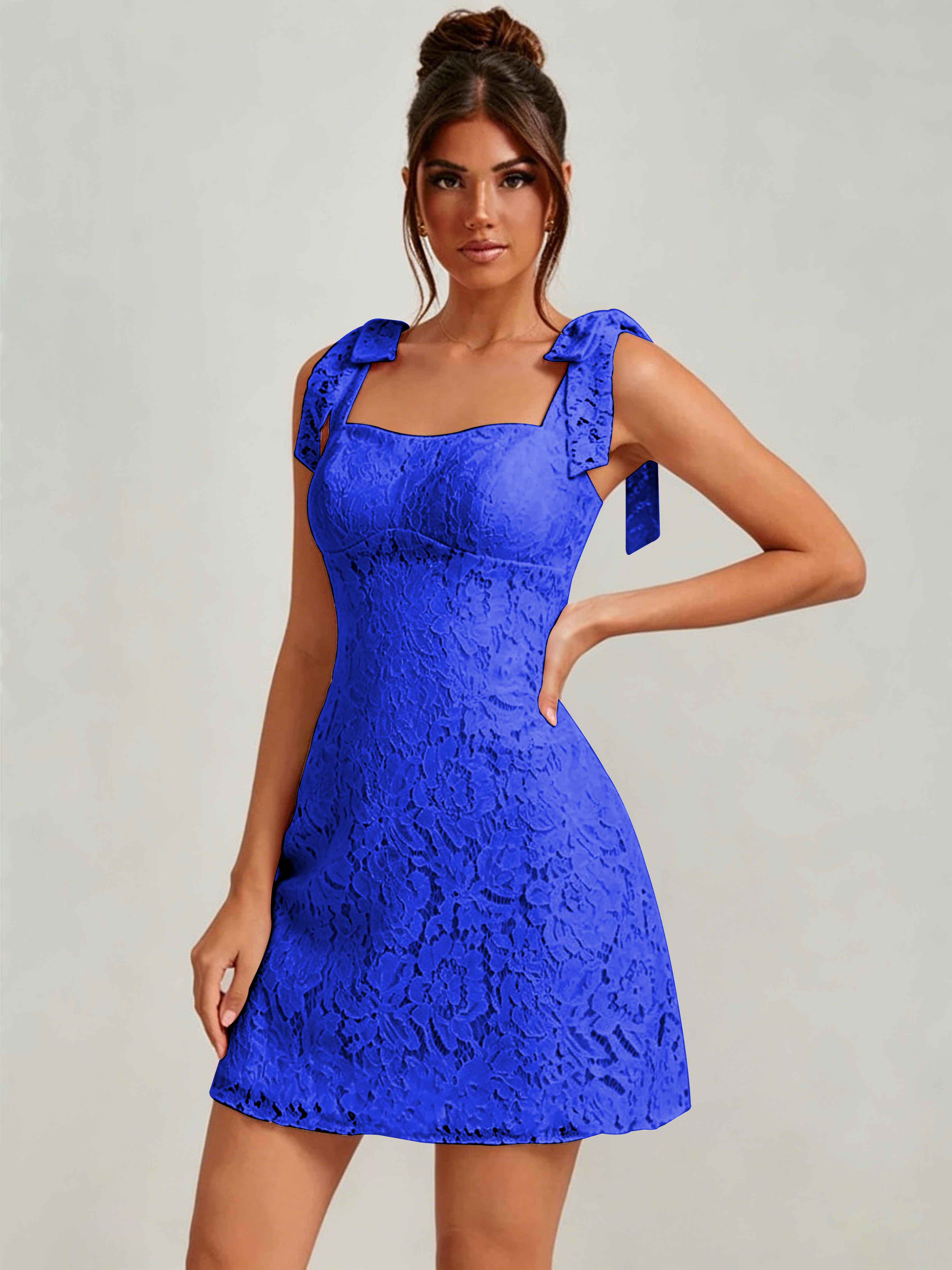 ROVDESY Bow Tie Spaghetti Strap A-Line  Floral Lace Mini Dress