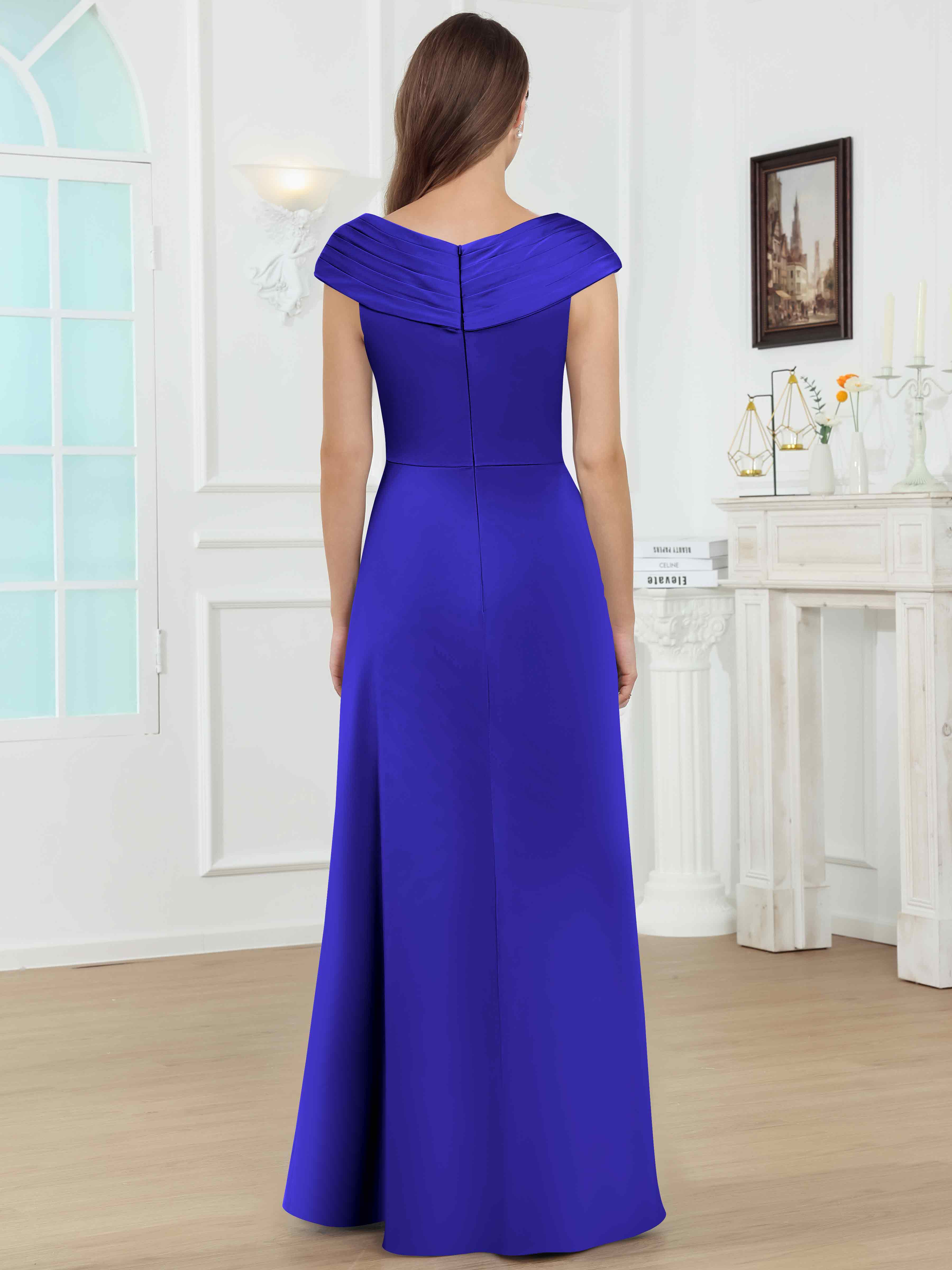 ROVDESY V-Neck Off The Shoulder Pleated Satin Mother Of The Bride Dress With Slit