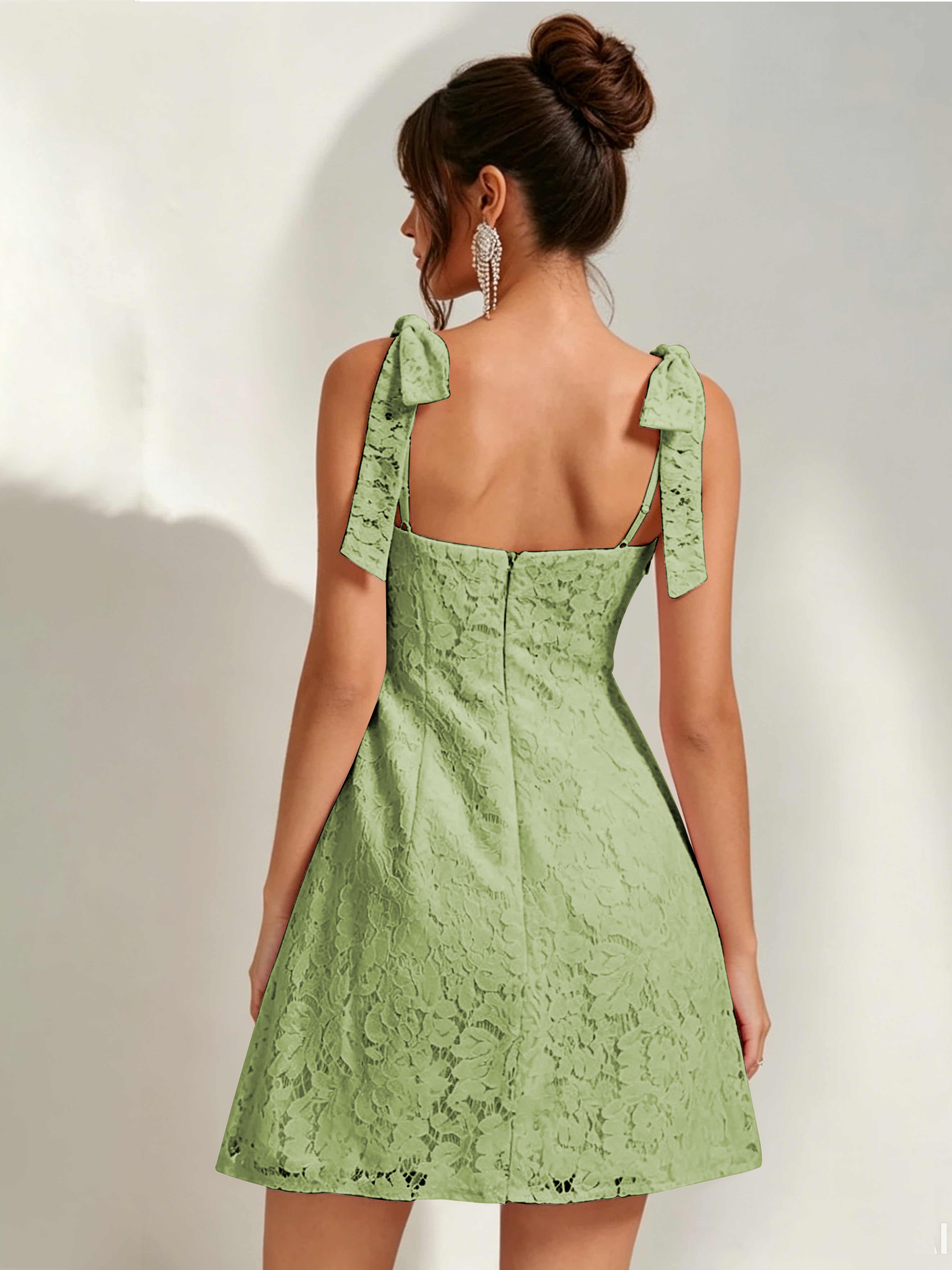 ROVDESY Bow Tie Spaghetti Strap A-Line  Floral Lace Mini Dress